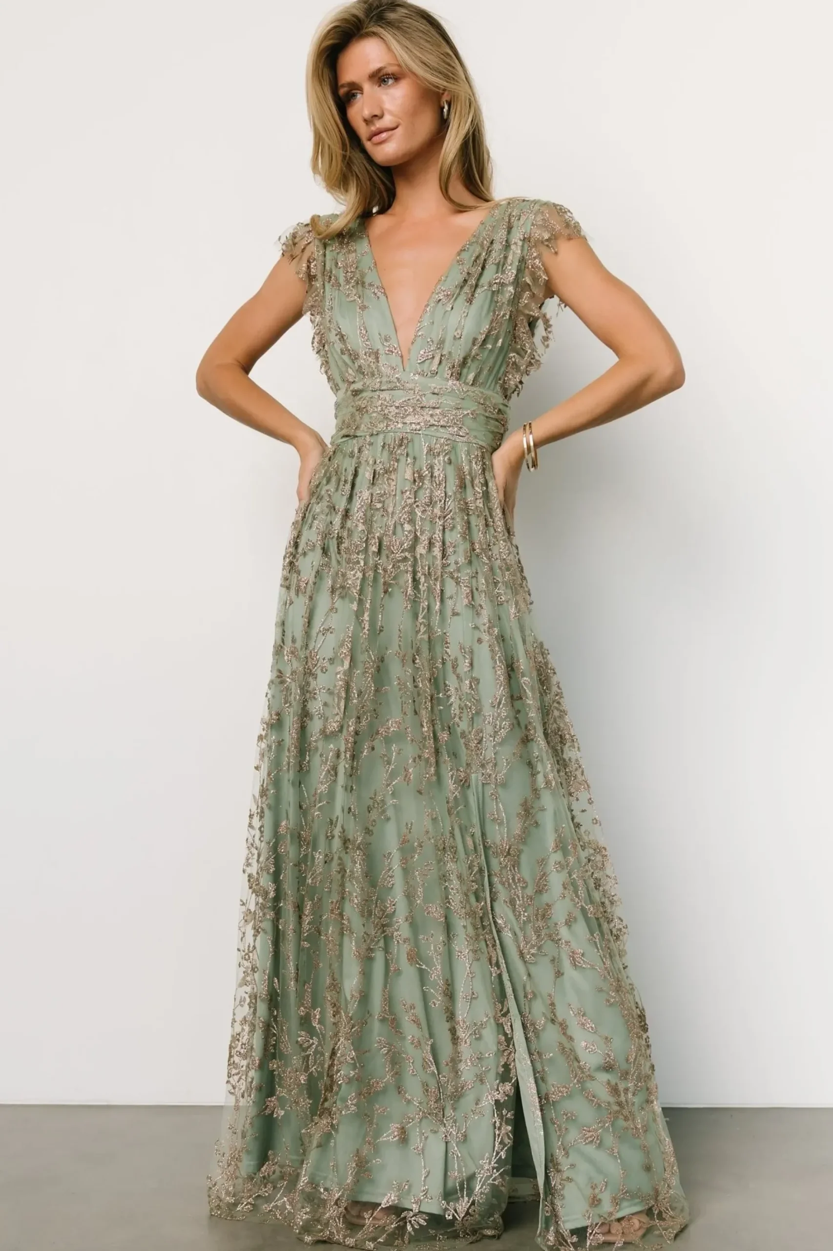 Baltic Born embellished + sequined|Arlene Shimmer Gown | Sage + Gold