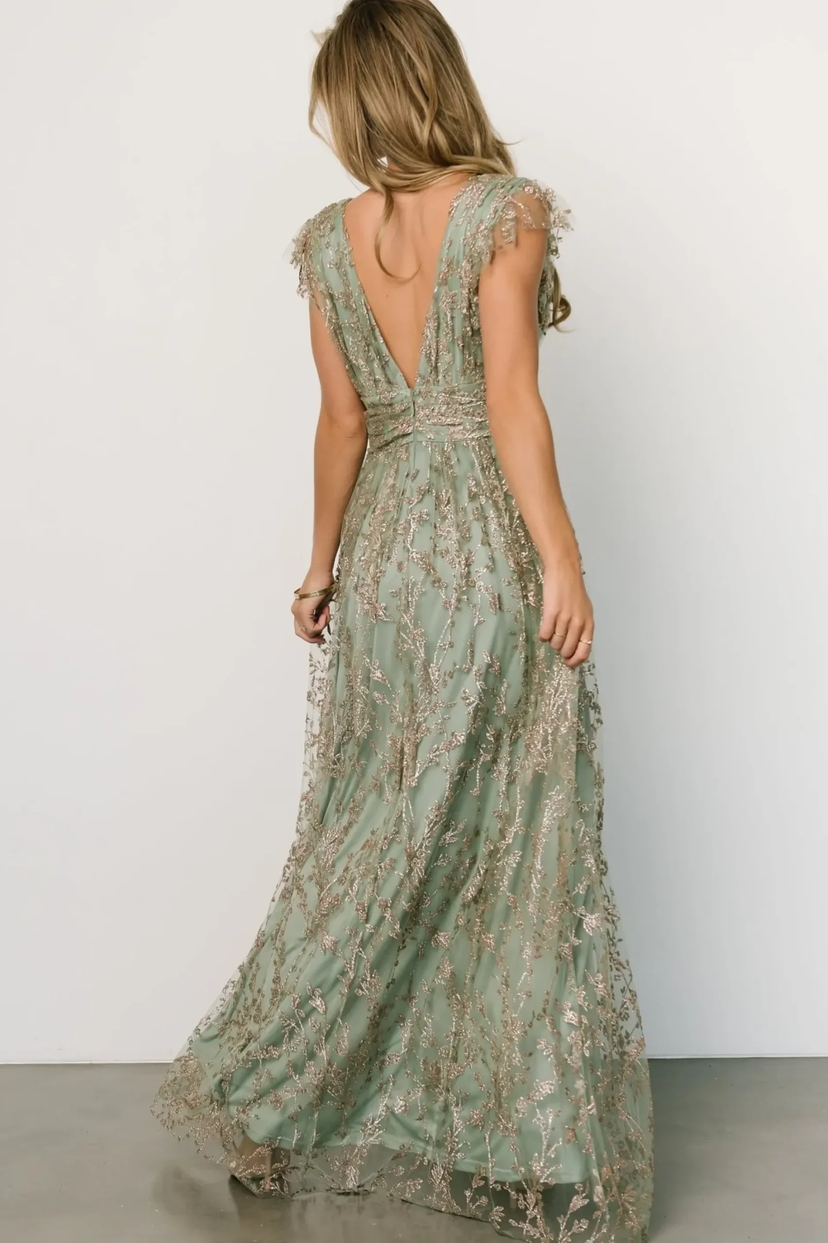 Baltic Born embellished + sequined|Arlene Shimmer Gown | Sage + Gold