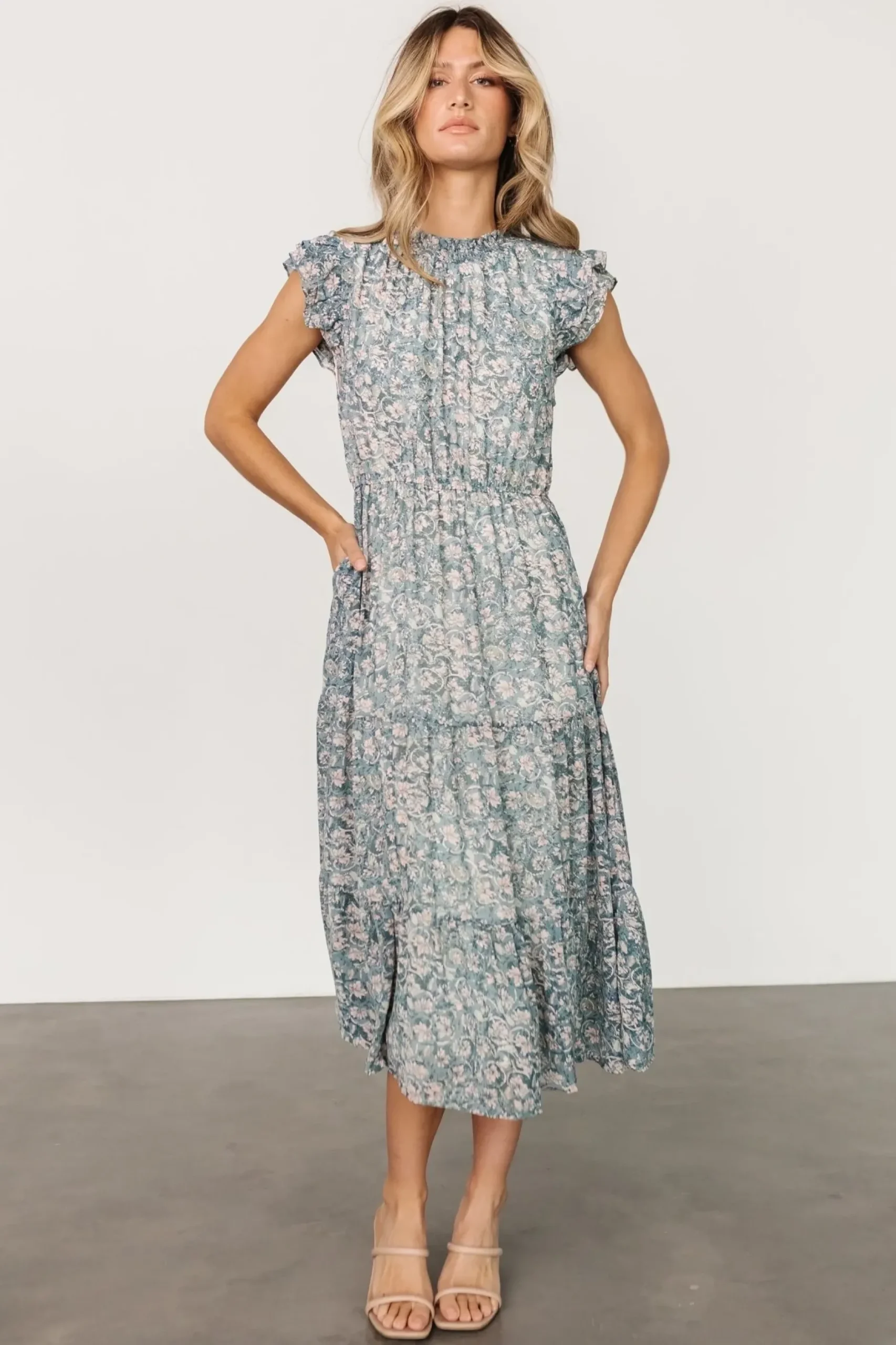 Baltic Born midi dresses|Azia Ruffle Sleeve Midi Dress | Blue + Pink
