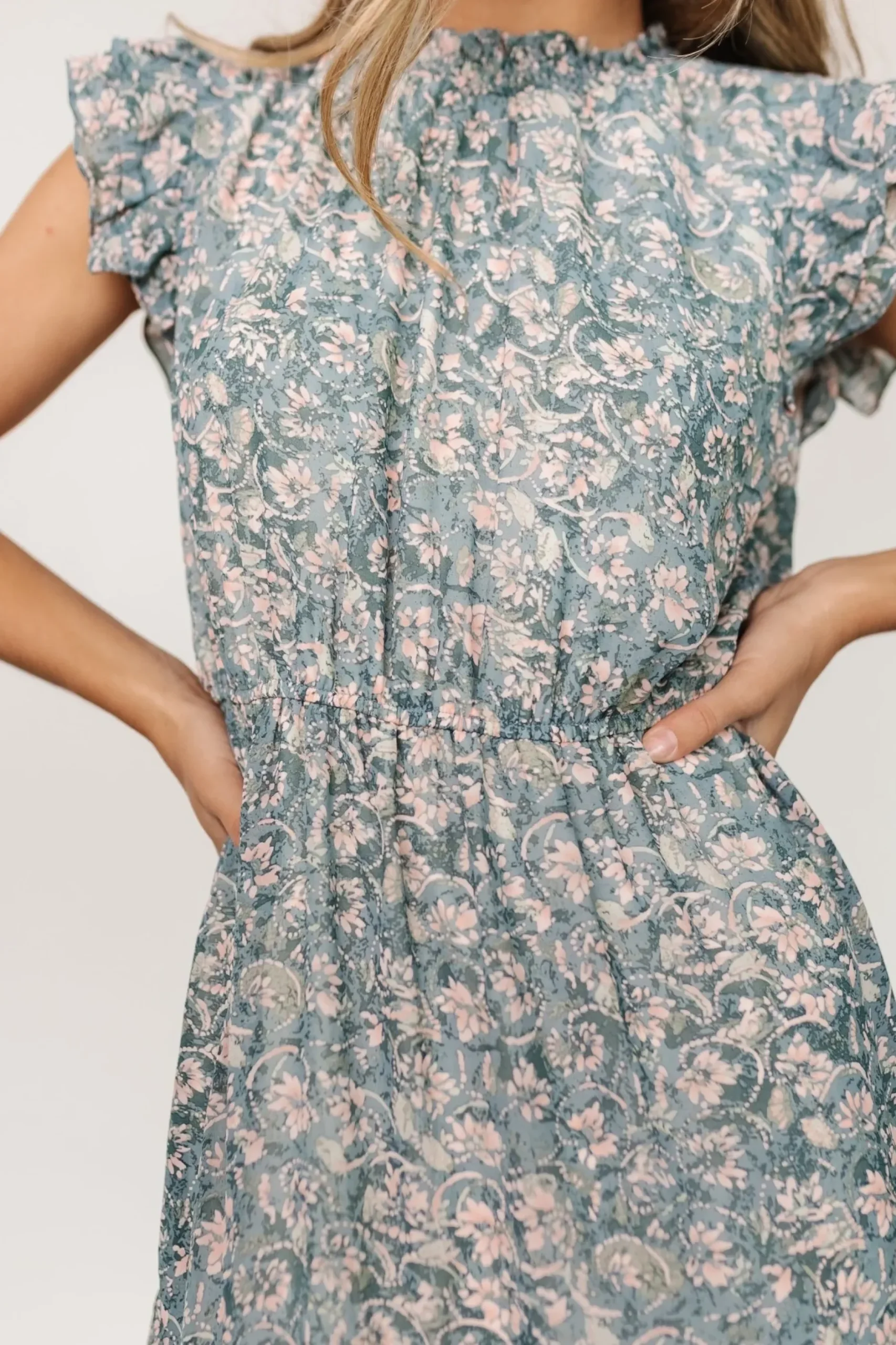 Baltic Born midi dresses|Azia Ruffle Sleeve Midi Dress | Blue + Pink