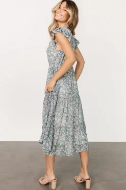 Baltic Born midi dresses|Azia Ruffle Sleeve Midi Dress | Blue + Pink