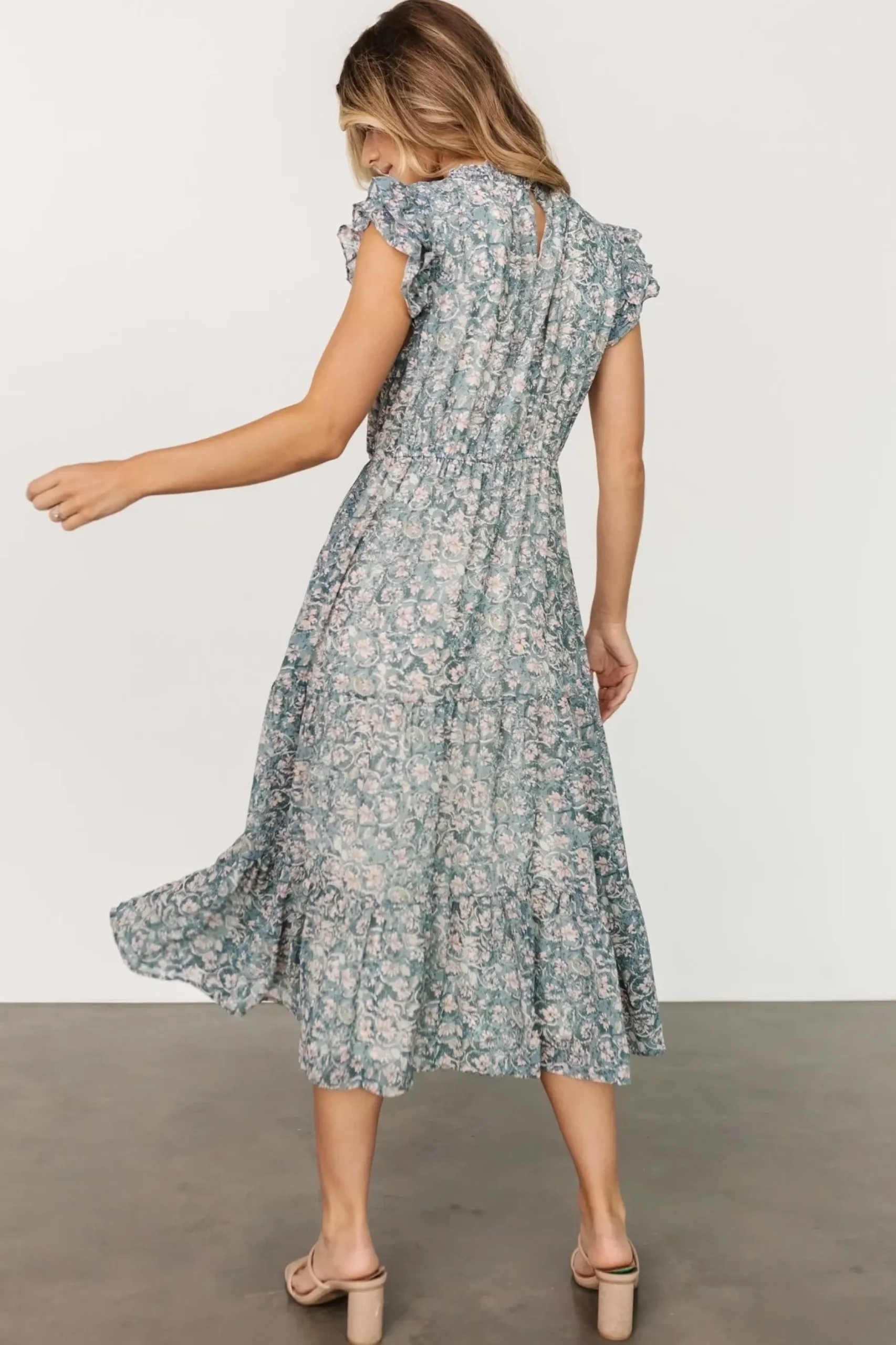 Baltic Born midi dresses|Azia Ruffle Sleeve Midi Dress | Blue + Pink