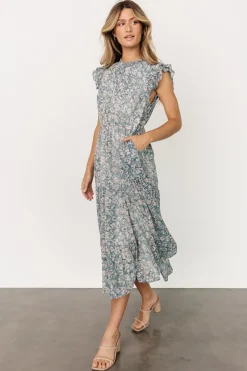 Baltic Born midi dresses|Azia Ruffle Sleeve Midi Dress | Blue + Pink