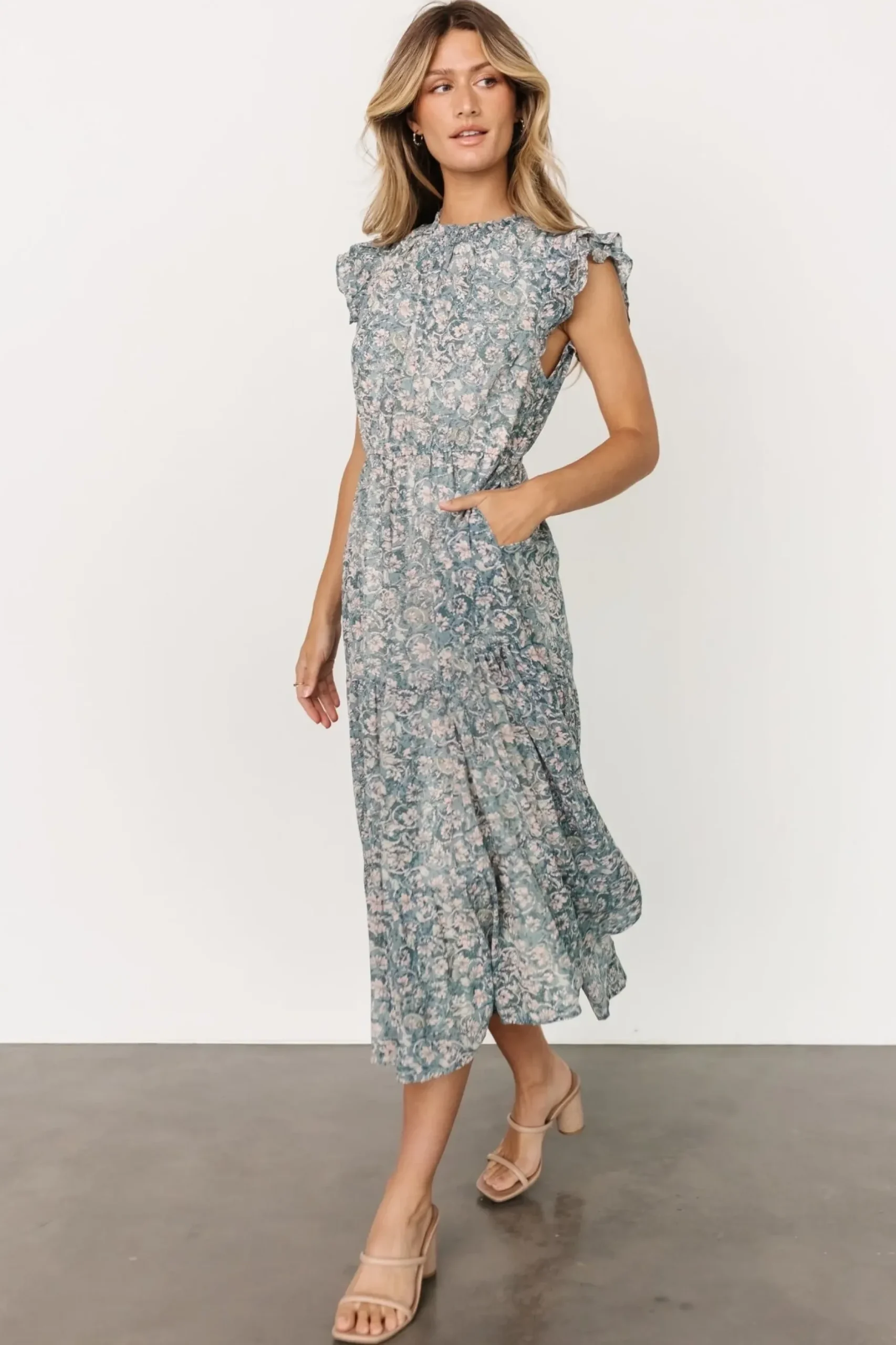 Baltic Born midi dresses|Azia Ruffle Sleeve Midi Dress | Blue + Pink