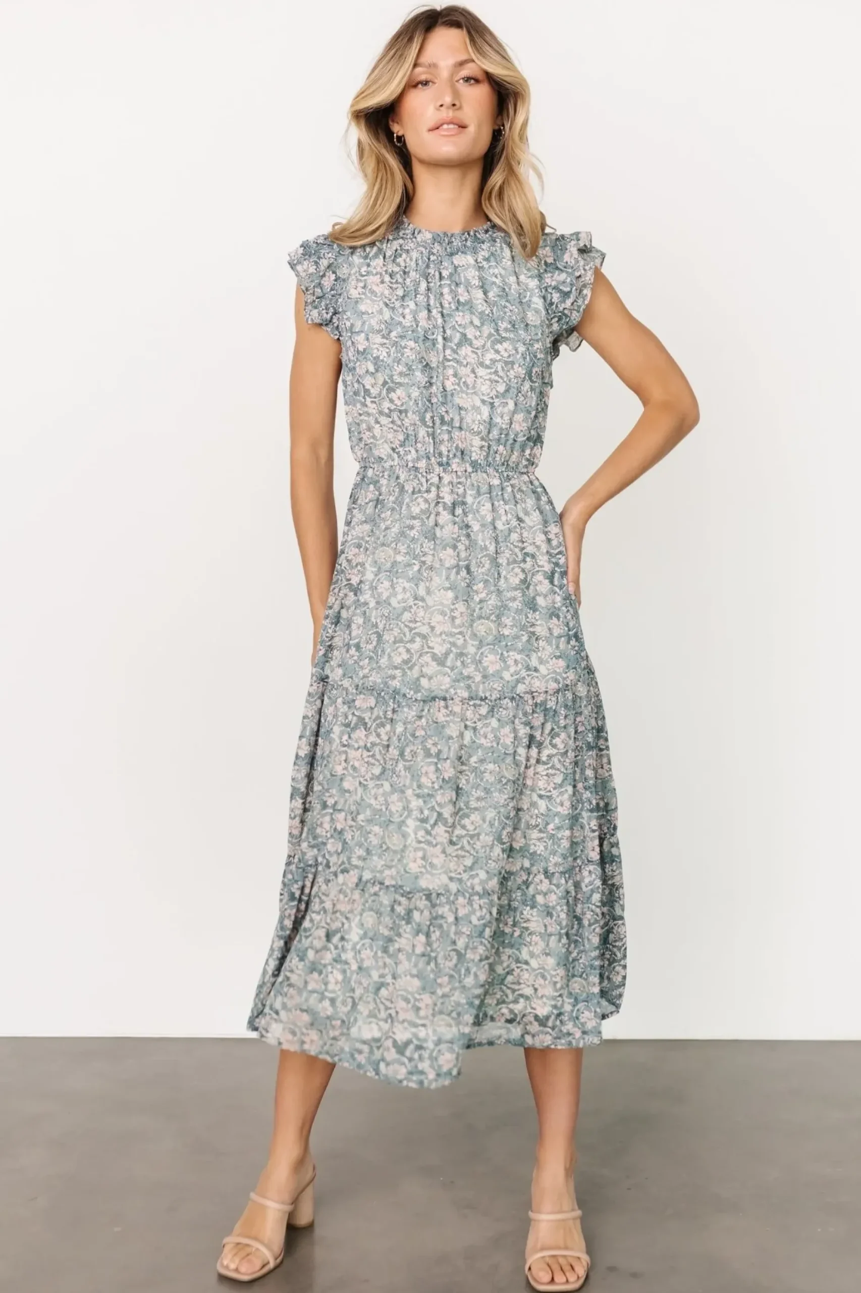 Baltic Born midi dresses|Azia Ruffle Sleeve Midi Dress | Blue + Pink
