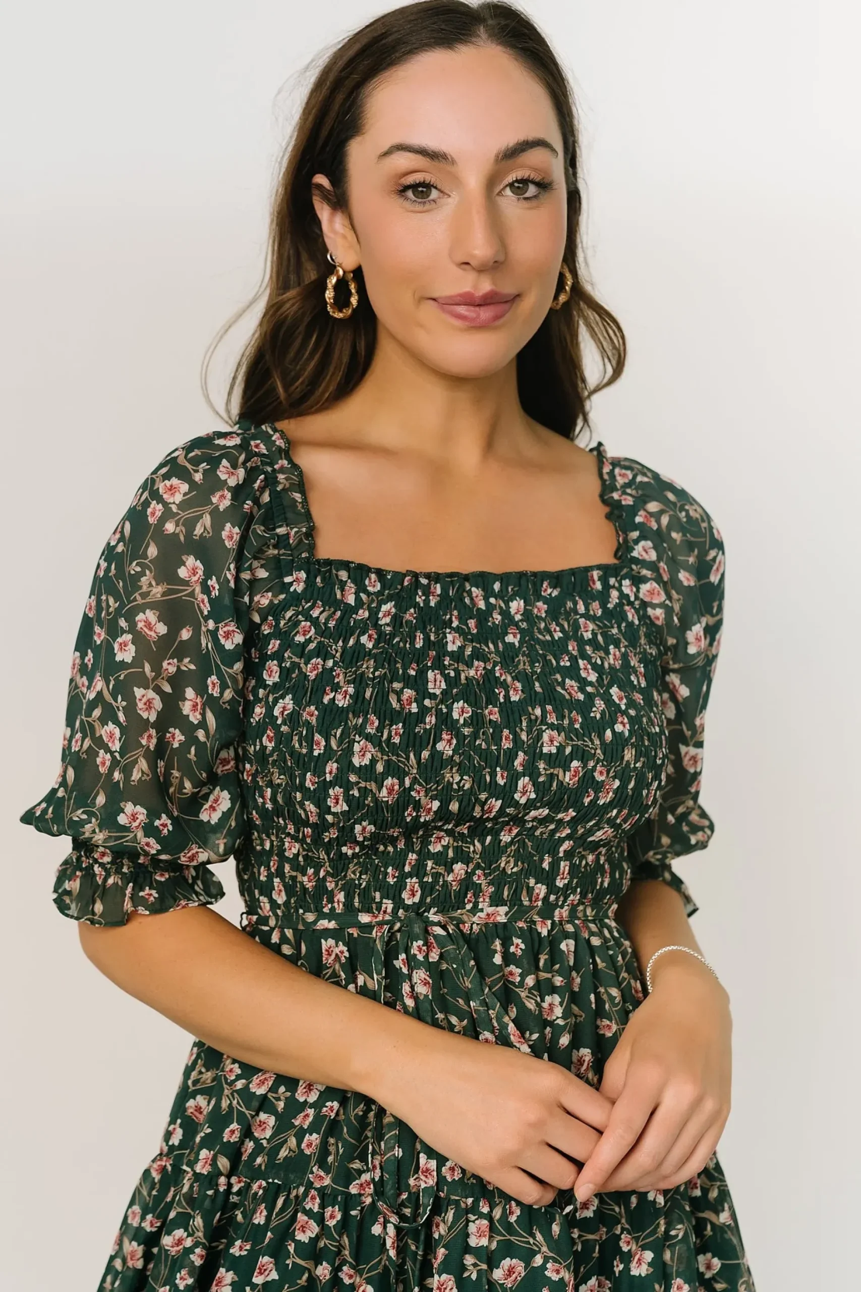 Baltic Born short dresses|Azlyn Smocked Short Dress | Green + Pink Floral