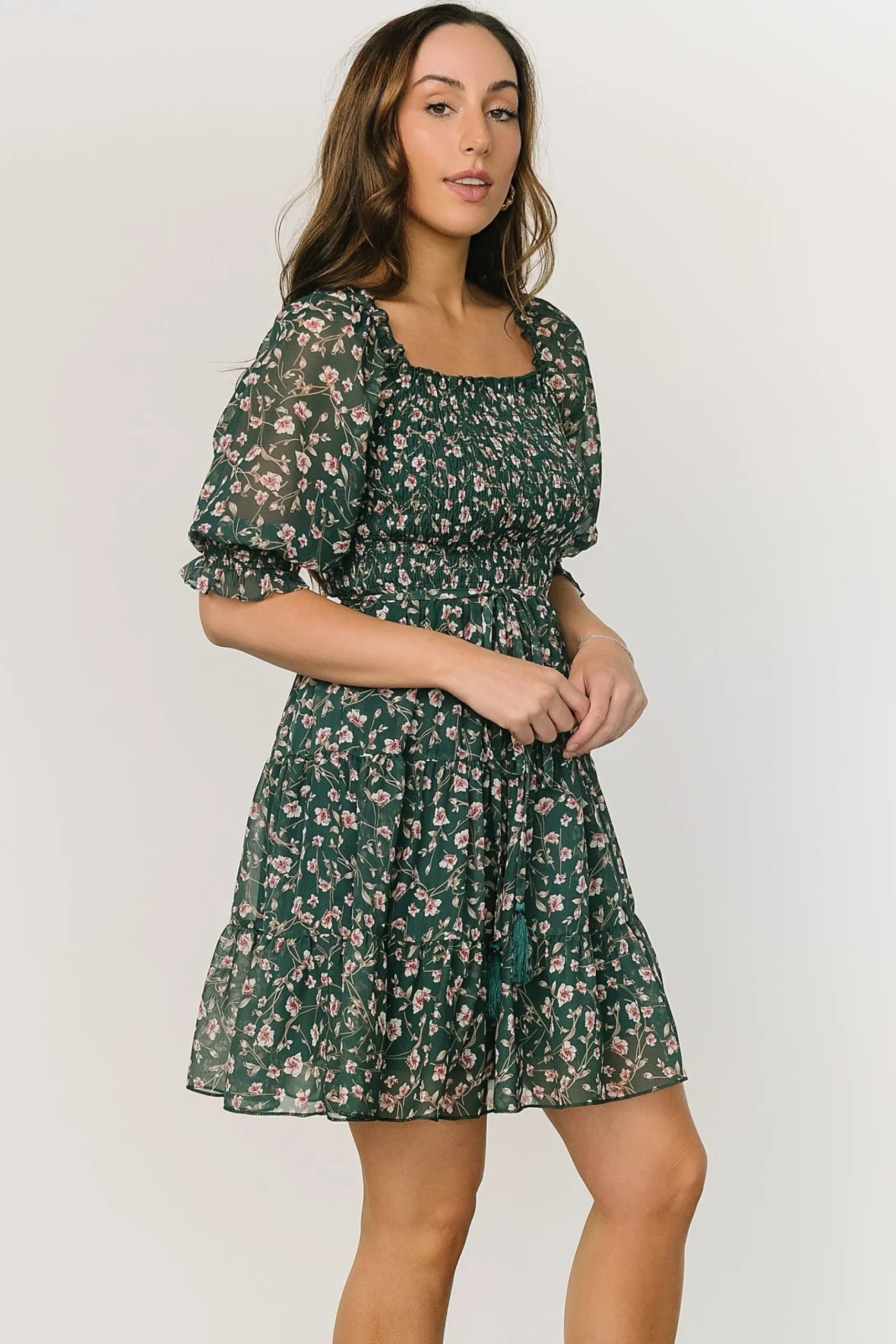 Baltic Born short dresses|Azlyn Smocked Short Dress | Green + Pink Floral
