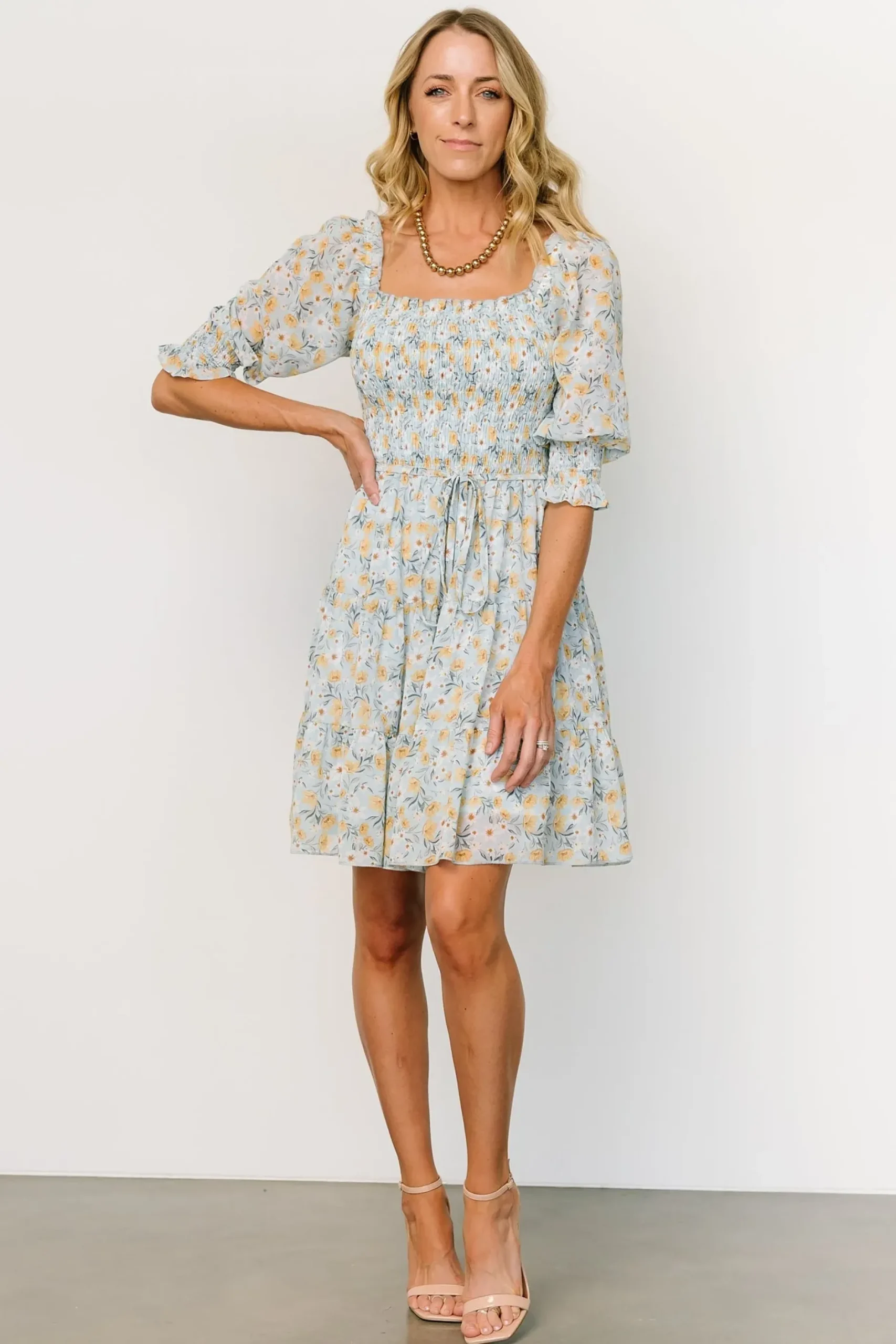 Baltic Born short dresses|Azlyn Smocked Short Dress | Light Blue Floral