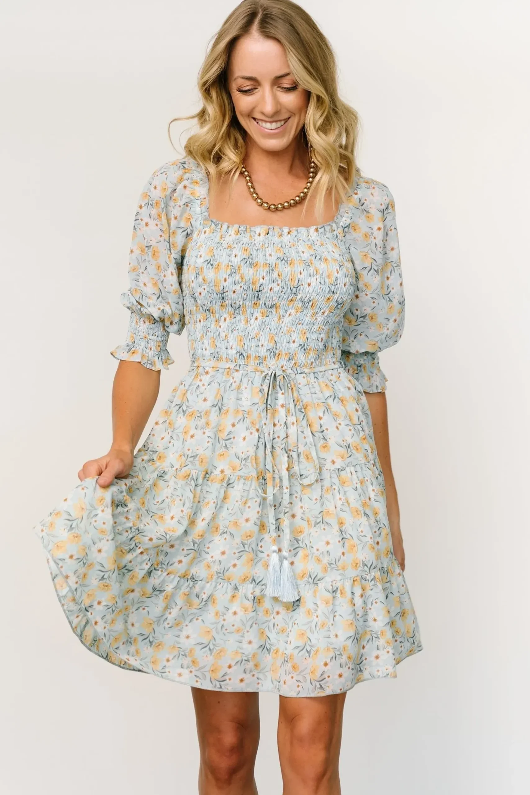 Baltic Born short dresses|Azlyn Smocked Short Dress | Light Blue Floral