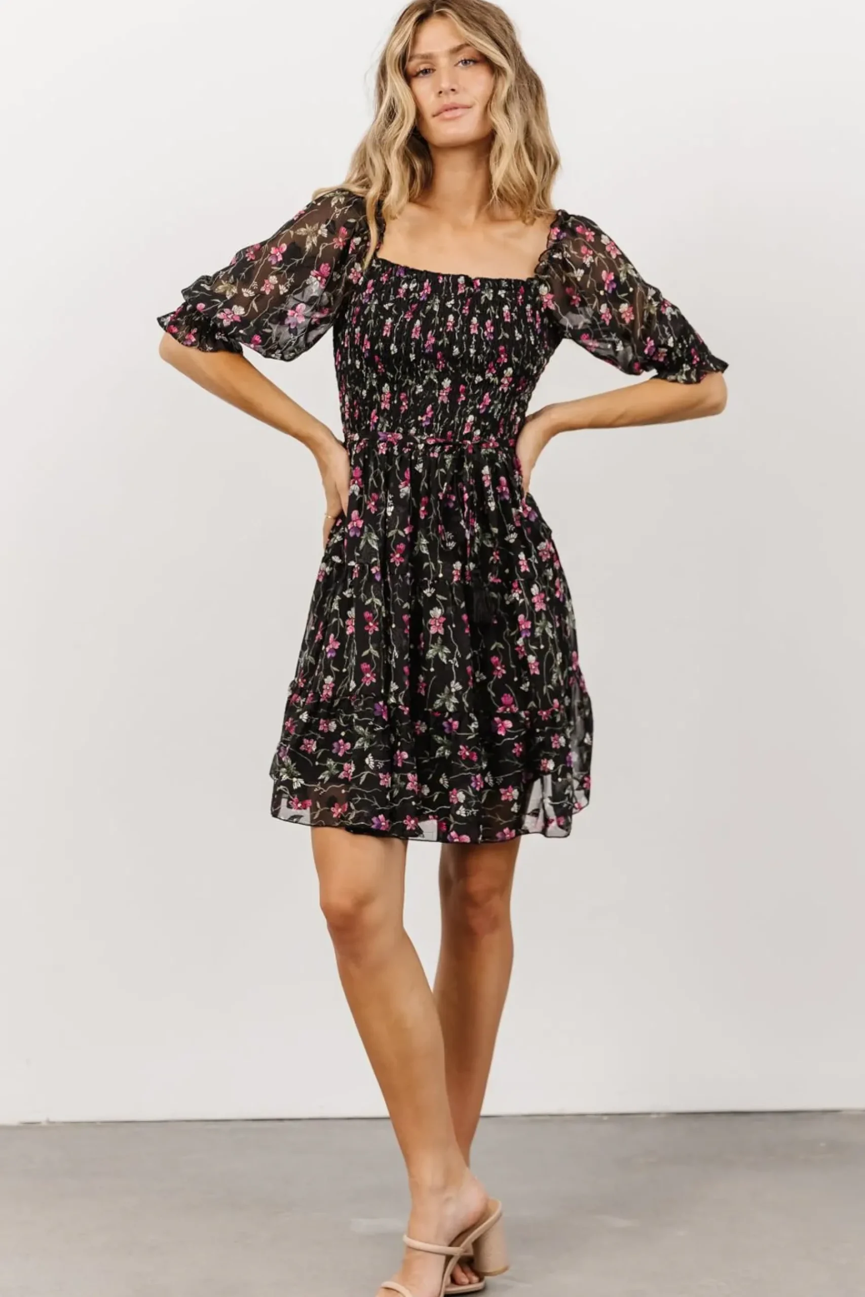 Baltic Born short dresses|Azlyn Smocked Short Dress | Black + Purple Floral