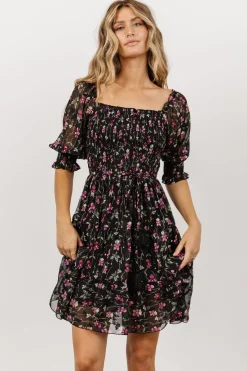 Baltic Born short dresses|Azlyn Smocked Short Dress | Black + Purple Floral