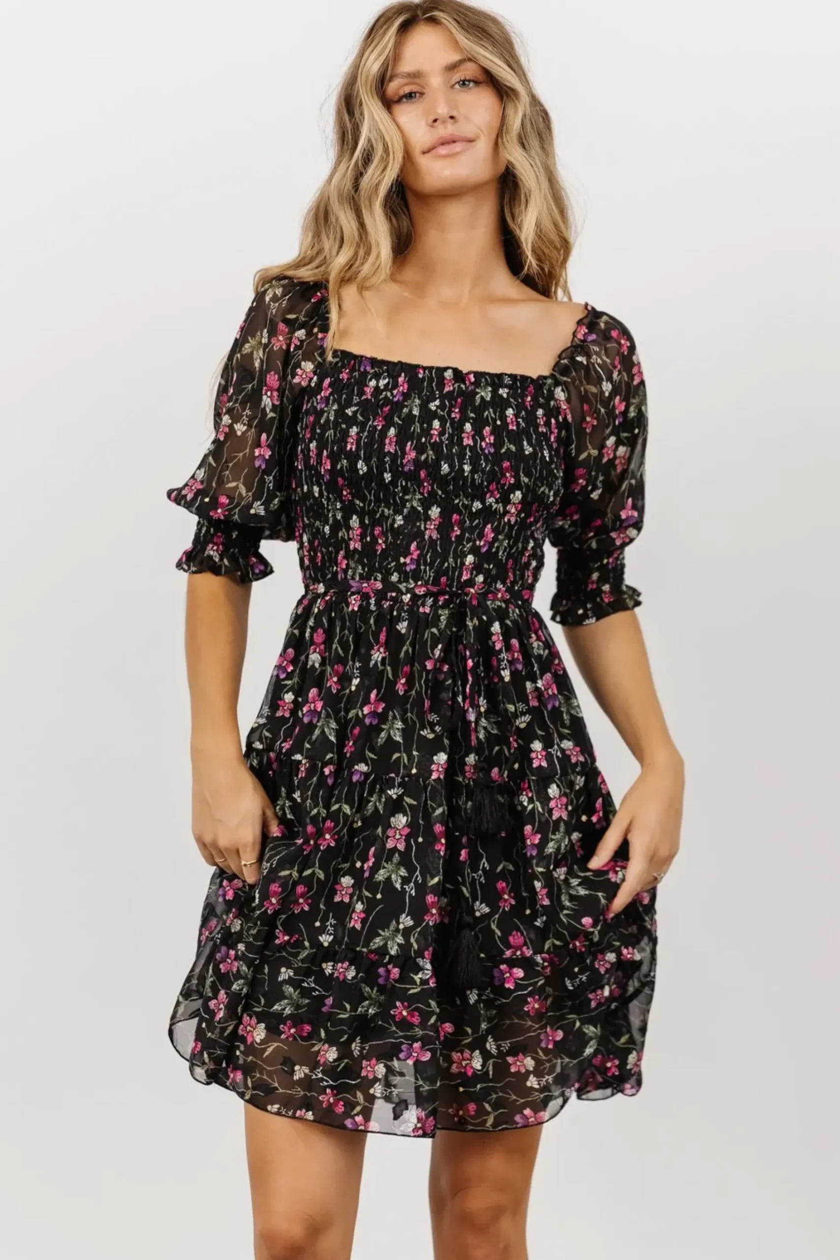 Baltic Born short dresses|Azlyn Smocked Short Dress | Black + Purple Floral
