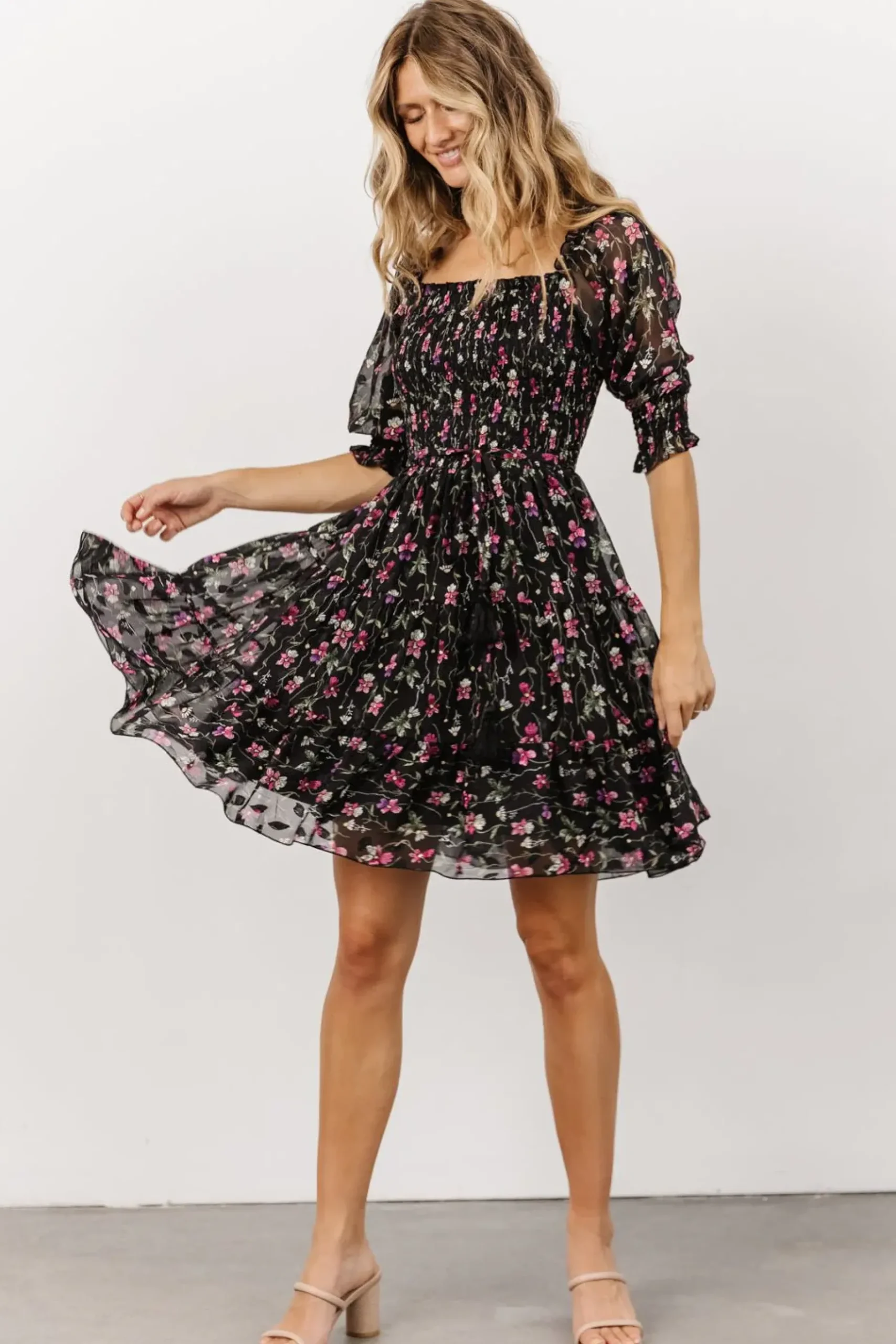 Baltic Born short dresses|Azlyn Smocked Short Dress | Black + Purple Floral