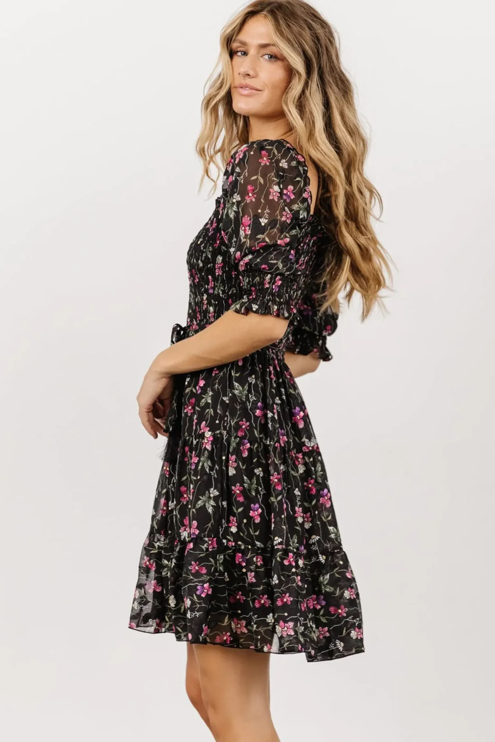 Baltic Born short dresses|Azlyn Smocked Short Dress | Black + Purple Floral