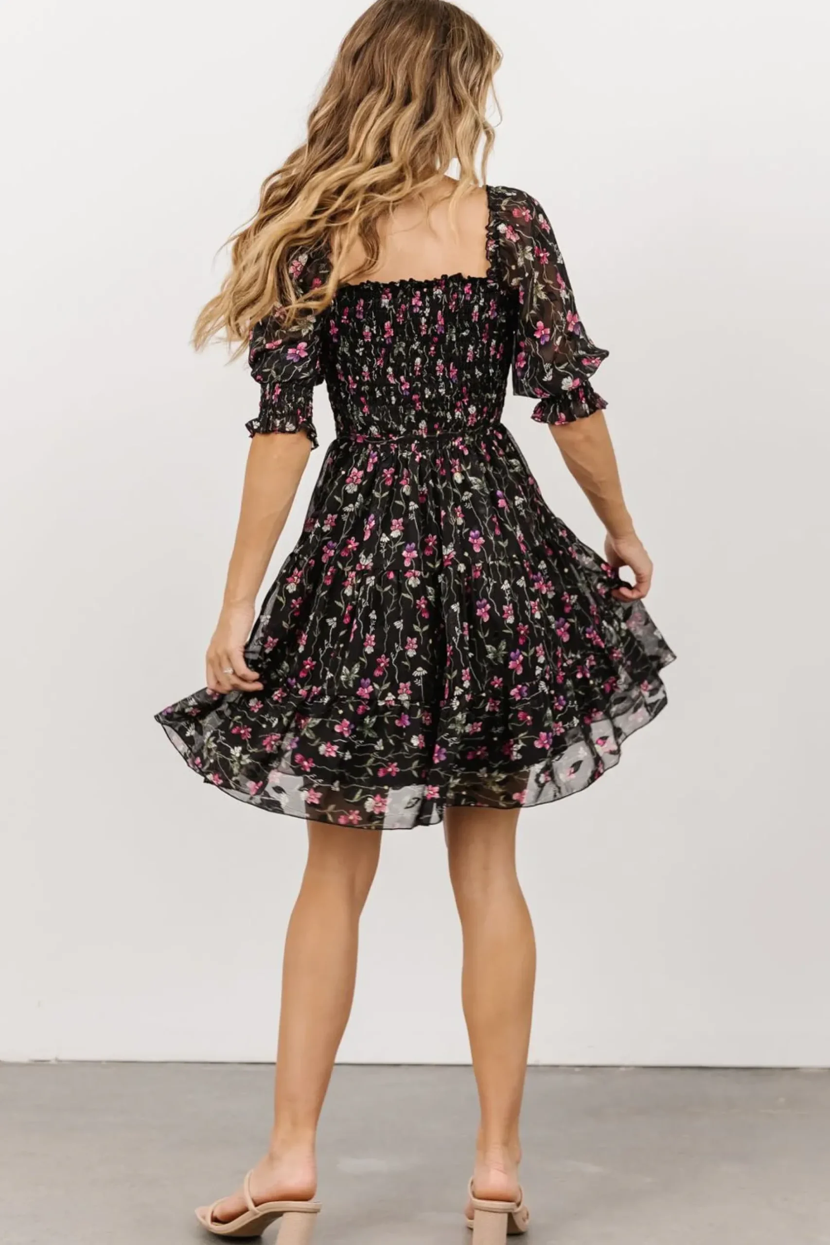 Baltic Born short dresses|Azlyn Smocked Short Dress | Black + Purple Floral