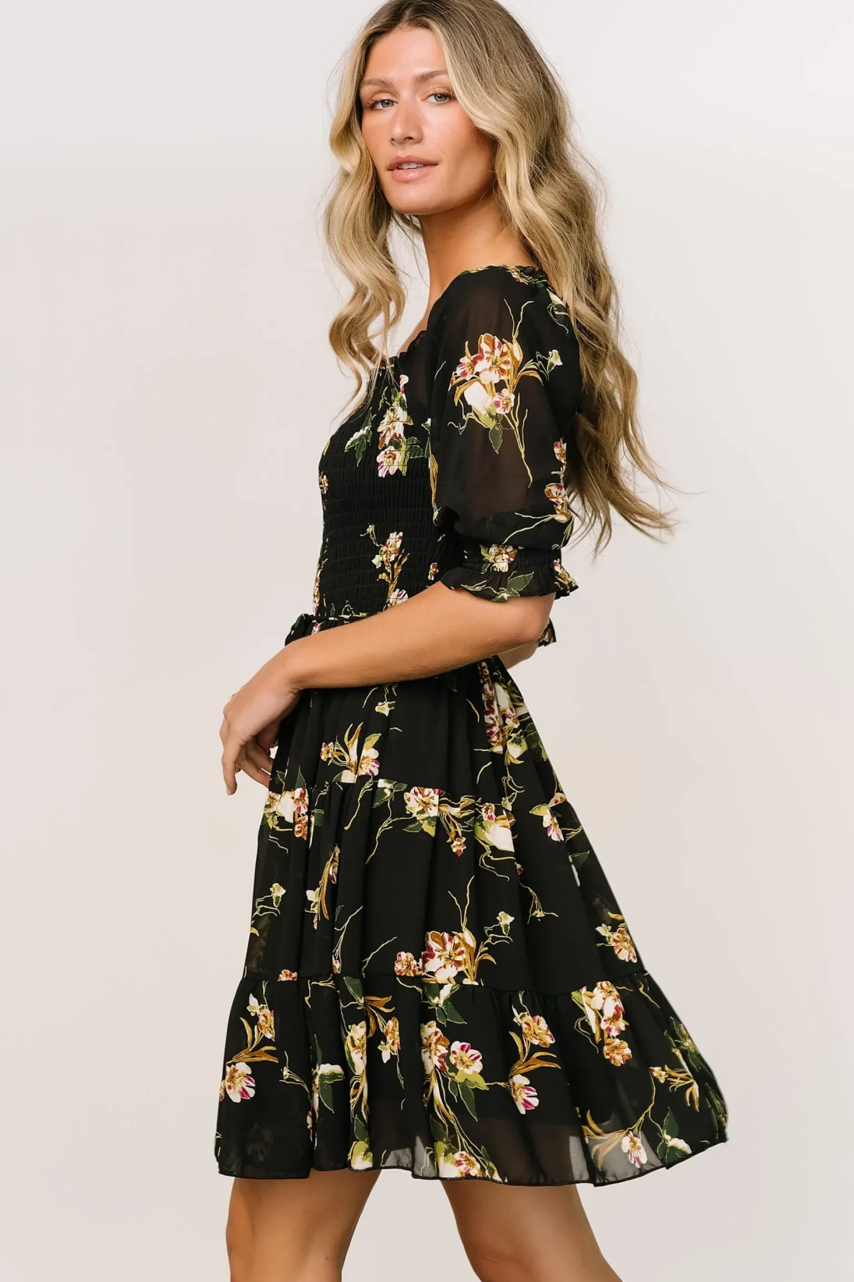 Baltic Born short dresses|Azlyn Smocked Short Dress | Night Bloom Floral