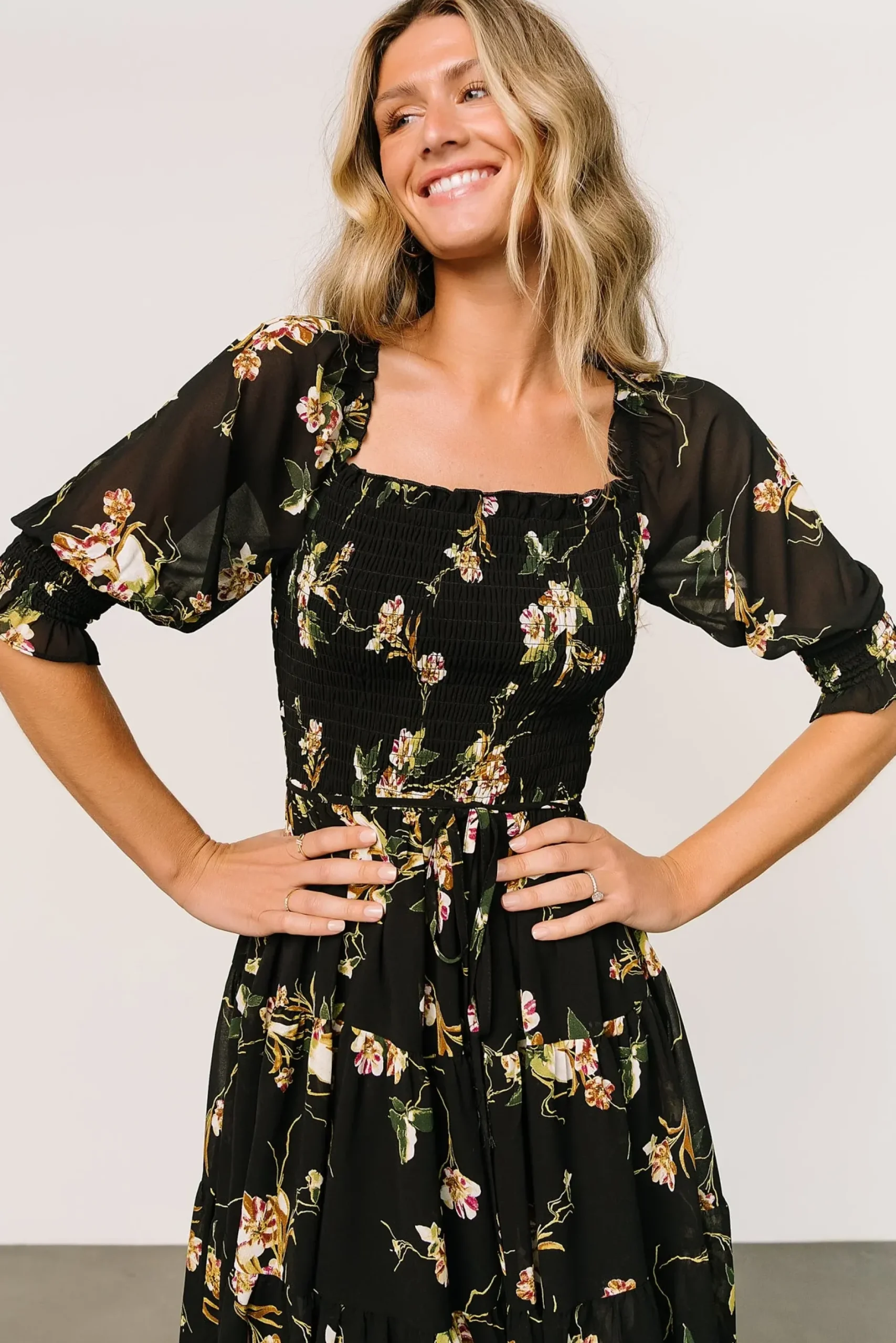 Baltic Born short dresses|Azlyn Smocked Short Dress | Night Bloom Floral