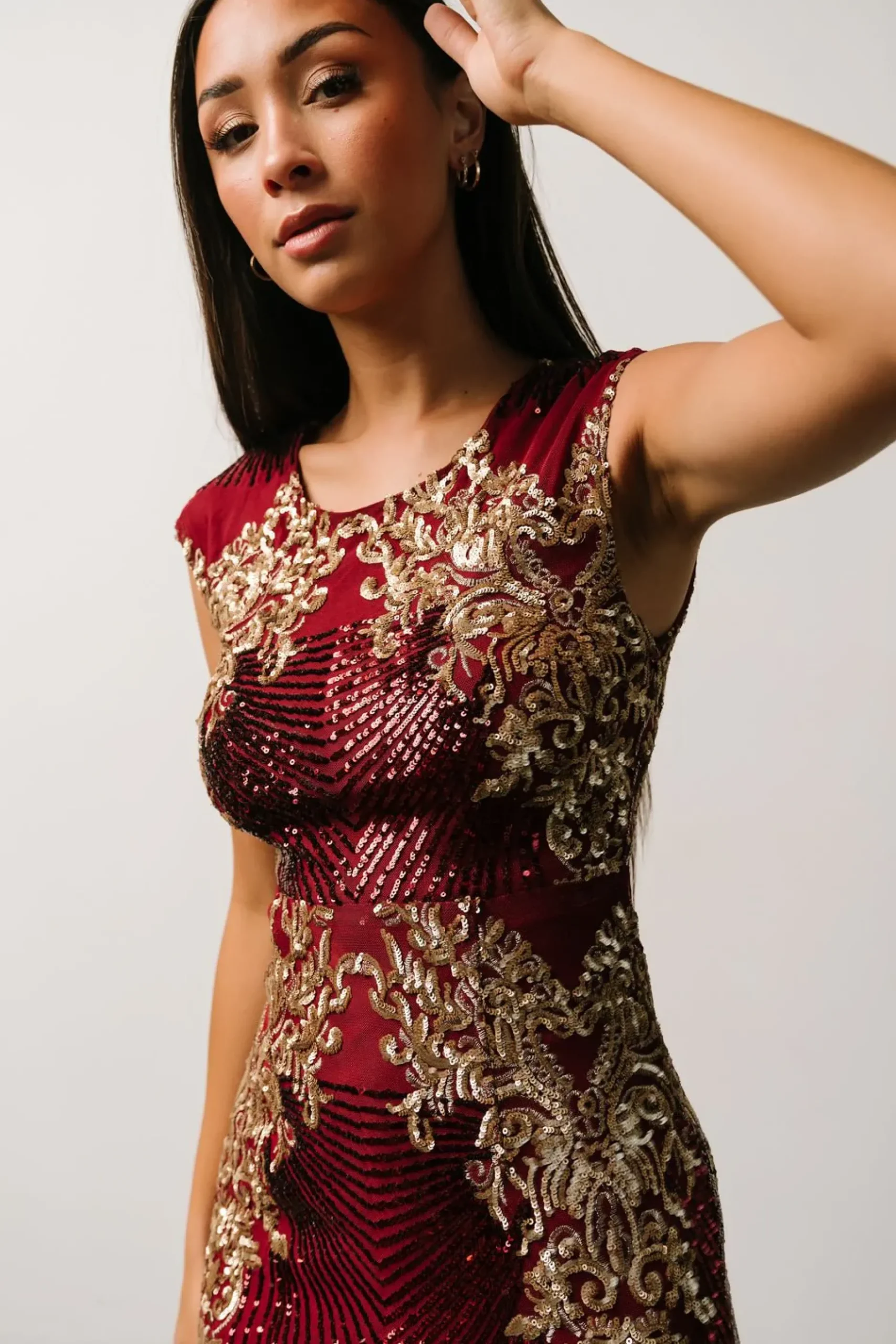 Baltic Born embellished + sequined|Azura Sequin Gown | Burgundy + Gold