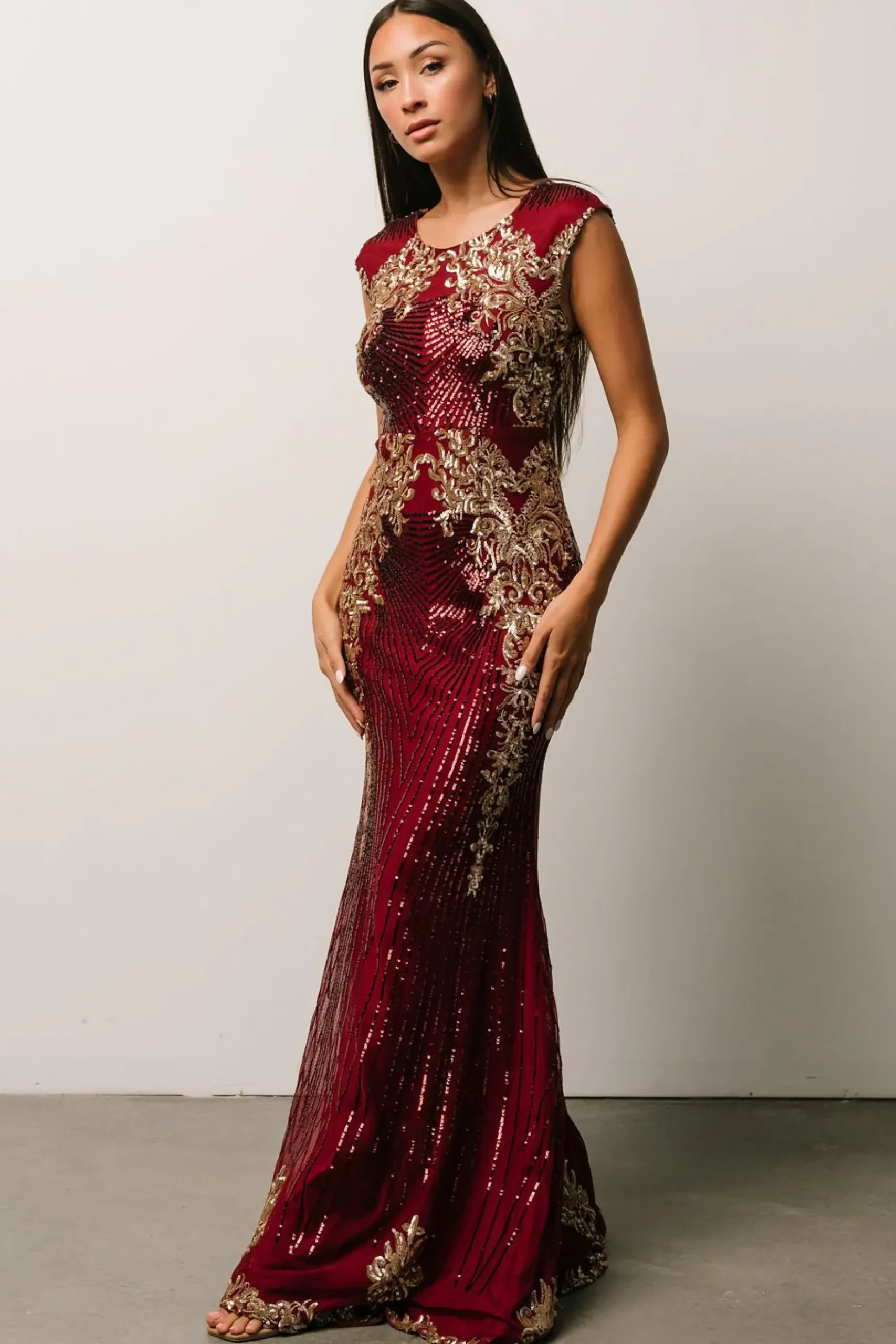 Baltic Born embellished + sequined|Azura Sequin Gown | Burgundy + Gold