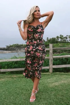 Baltic Born SALE|Belyn Satin Midi Dress | Black Rose Floral