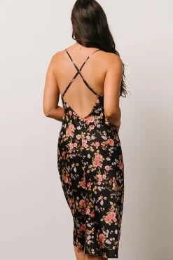 Baltic Born SALE|Belyn Satin Midi Dress | Black Rose Floral