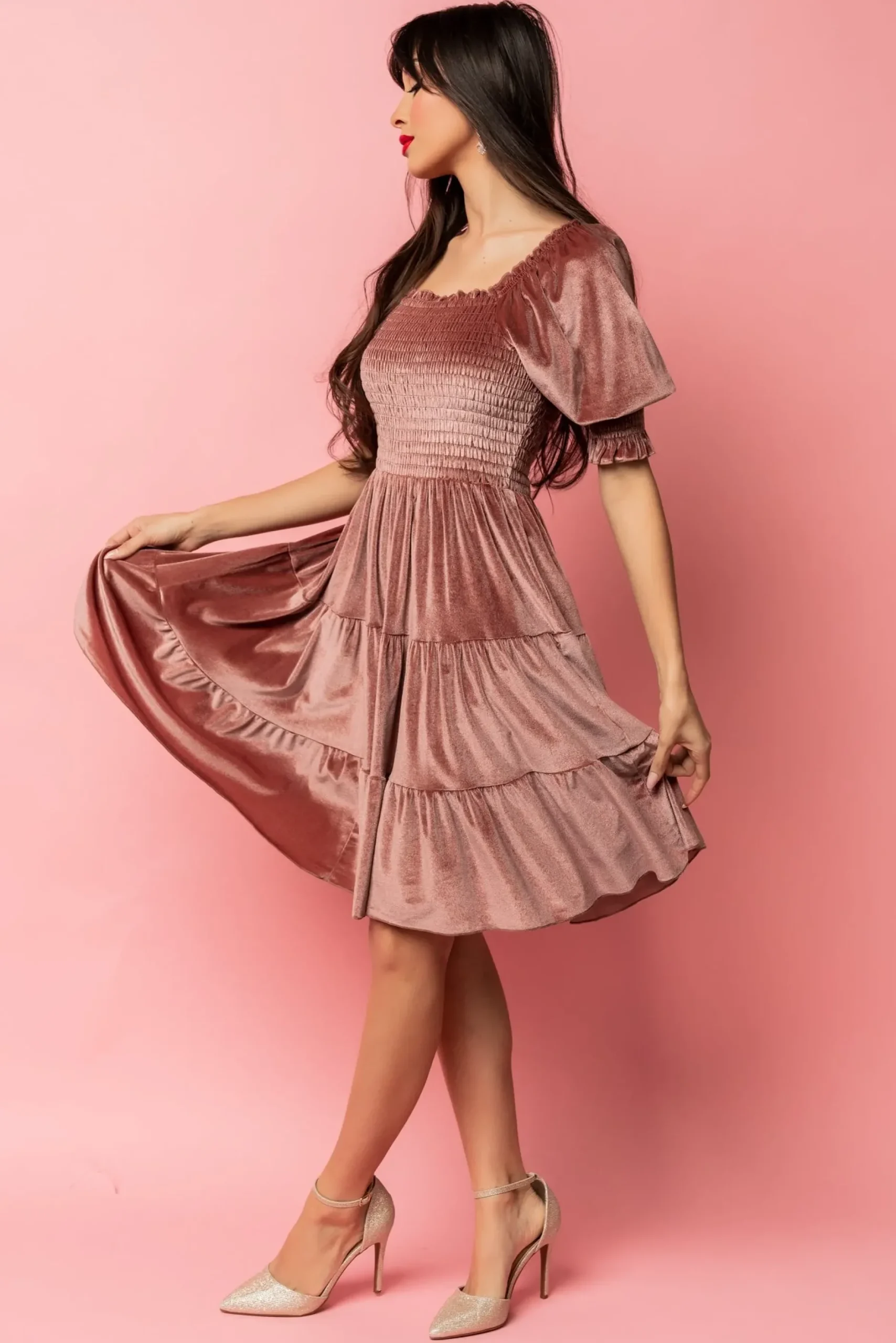Baltic Born bump friendly|Bliss Smocked Velvet Short Dress | Vintage Rose