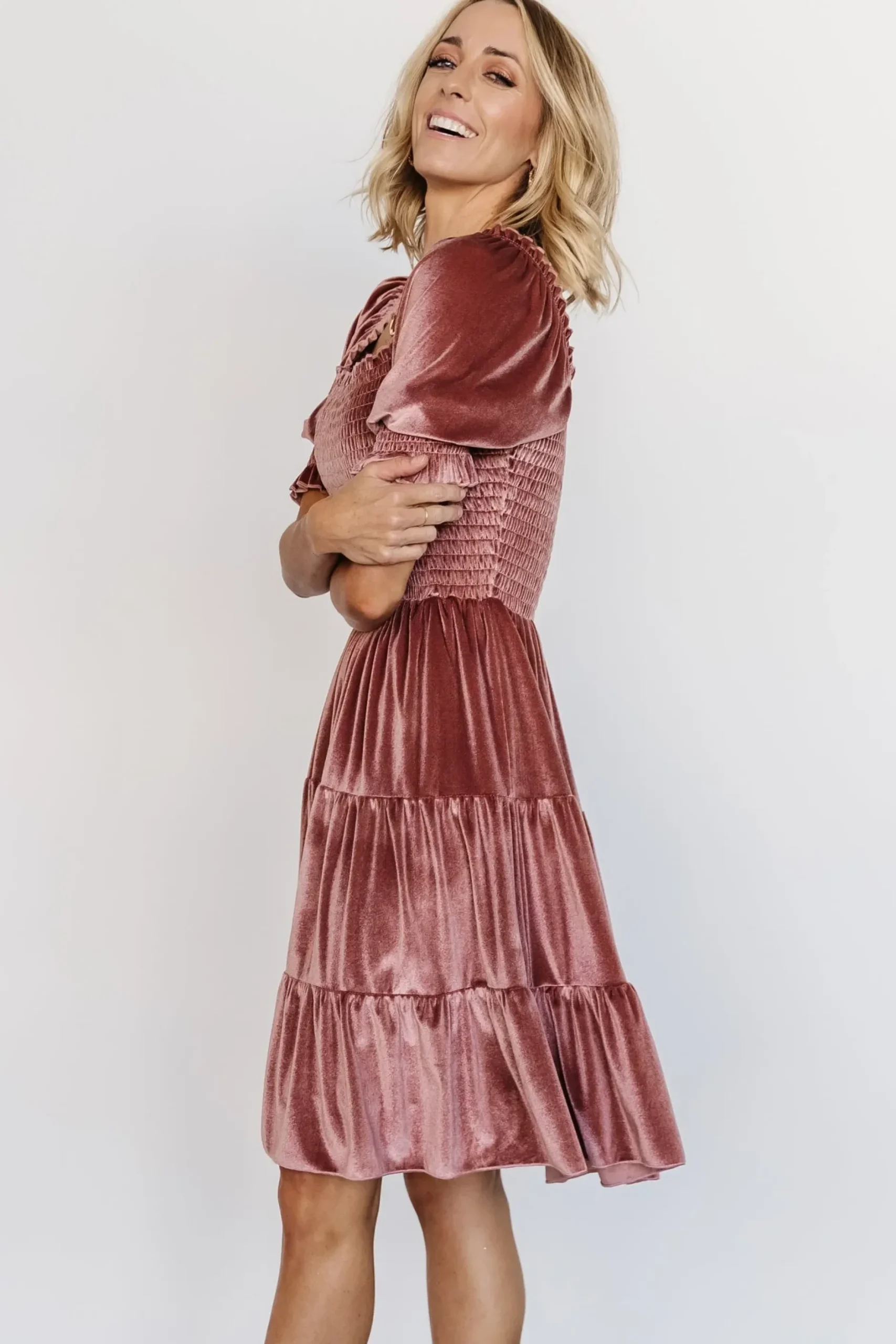 Baltic Born bump friendly|Bliss Smocked Velvet Short Dress | Vintage Rose
