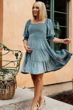 Baltic Born bump friendly|Bliss Smocked Velvet Short Dress | Dusty Blue
