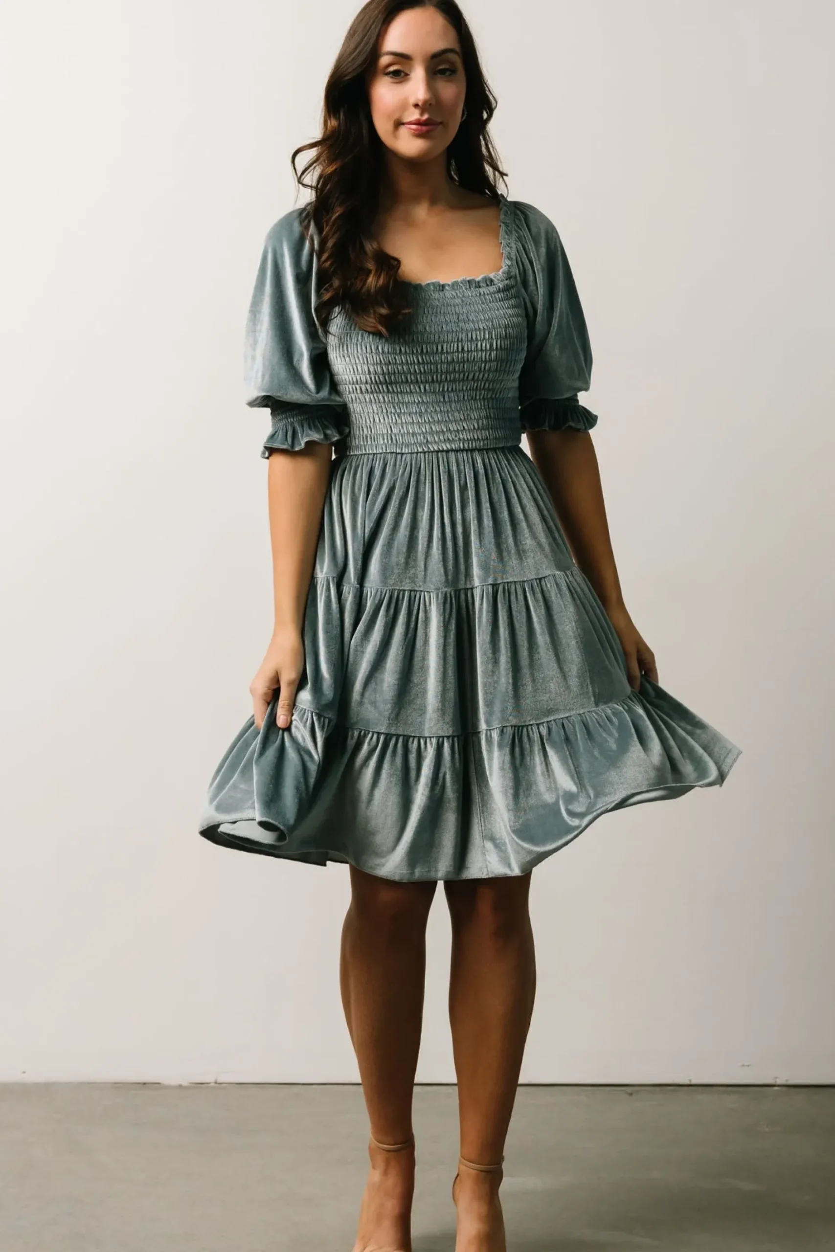 Baltic Born bump friendly|Bliss Smocked Velvet Short Dress | Dusty Blue