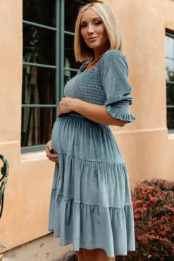 Baltic Born bump friendly|Bliss Smocked Velvet Short Dress | Dusty Blue