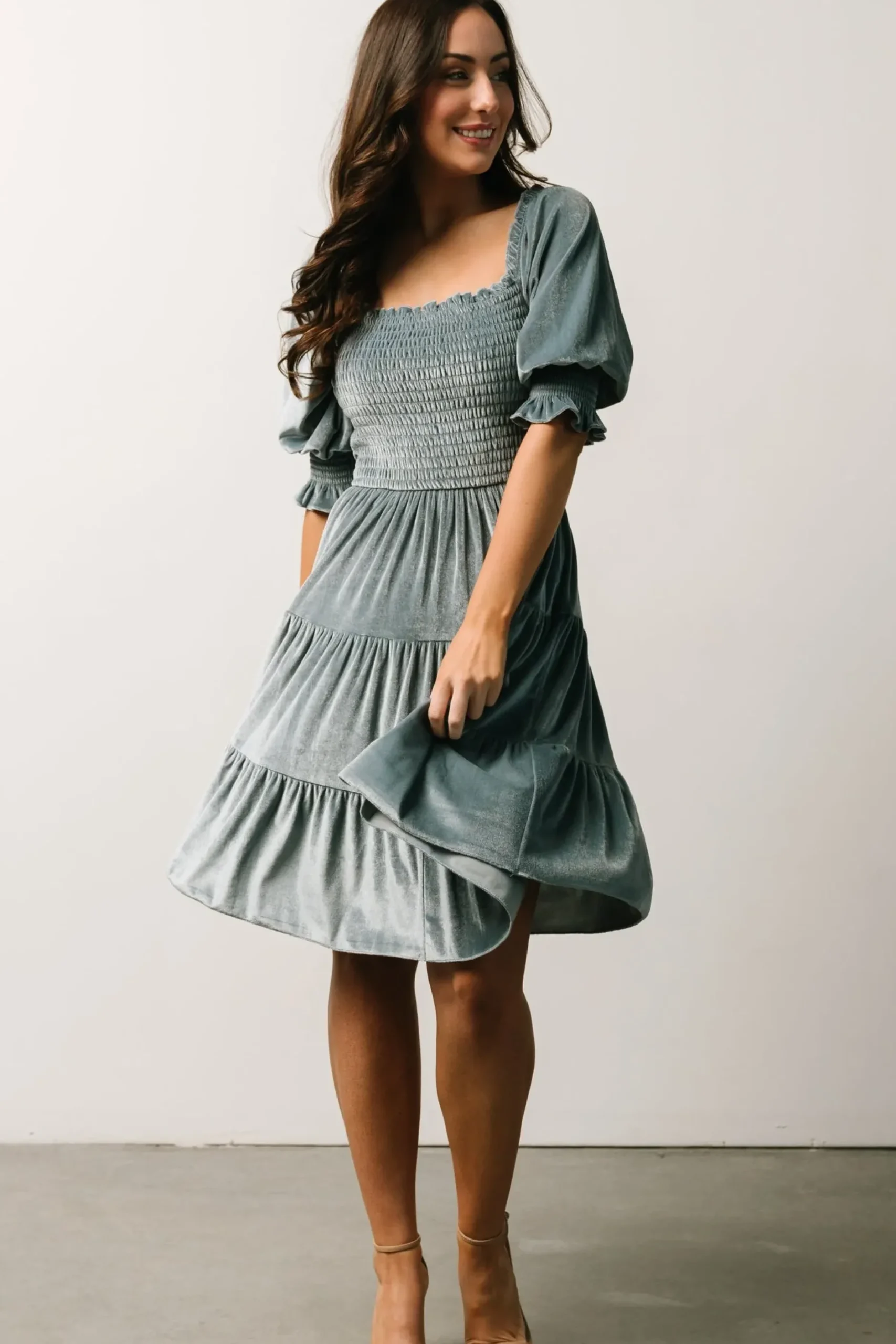 Baltic Born bump friendly|Bliss Smocked Velvet Short Dress | Dusty Blue
