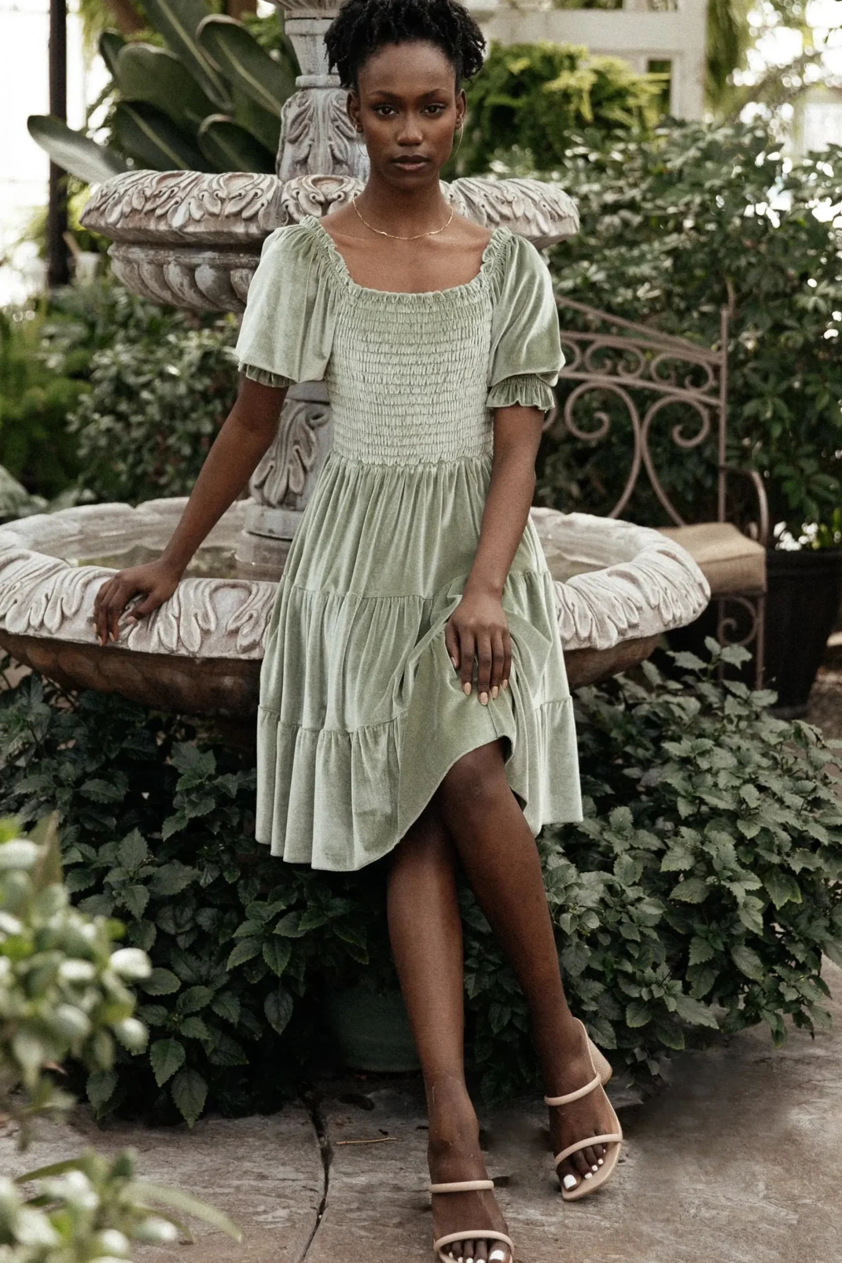Baltic Born bump friendly|Bliss Smocked Velvet Short Dress | Dusty Sage