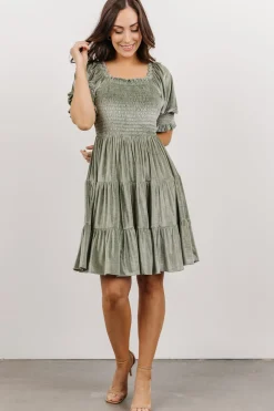 Baltic Born bump friendly|Bliss Smocked Velvet Short Dress | Dusty Sage