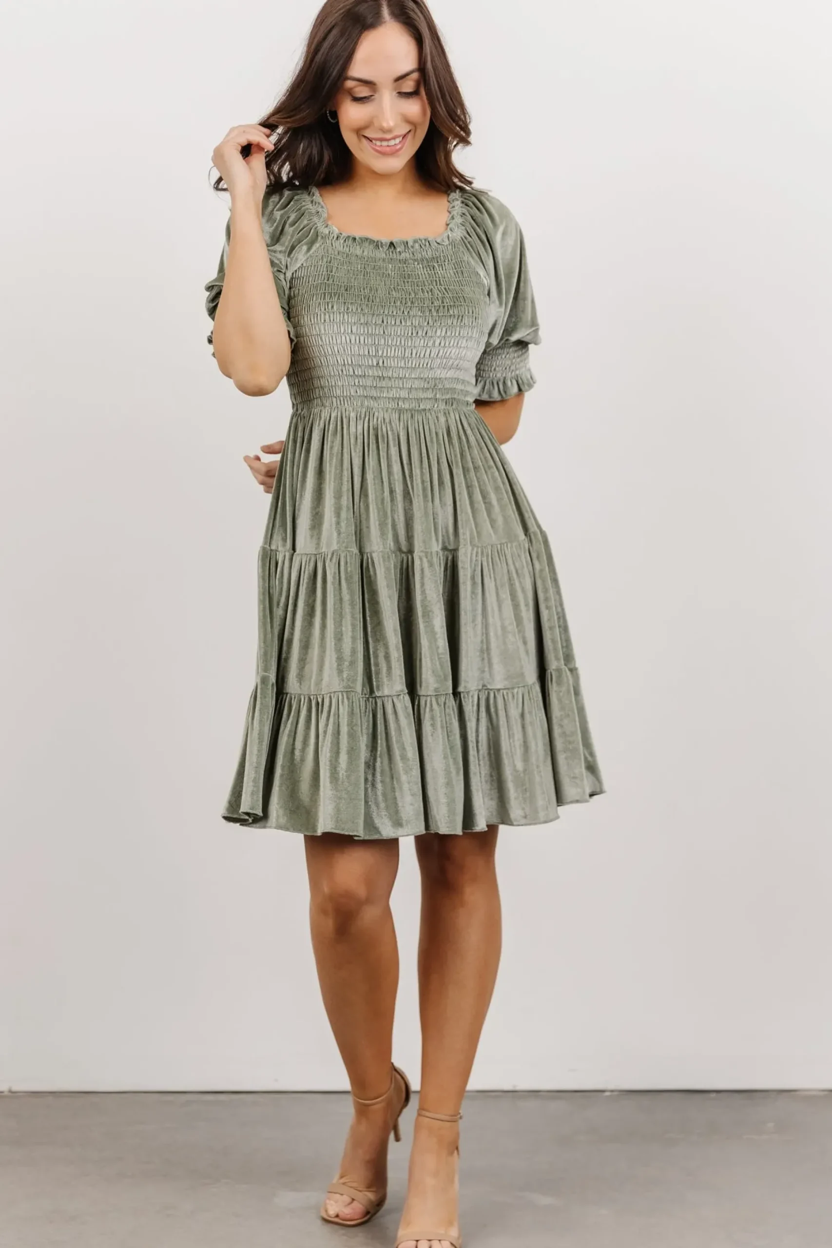 Baltic Born bump friendly|Bliss Smocked Velvet Short Dress | Dusty Sage
