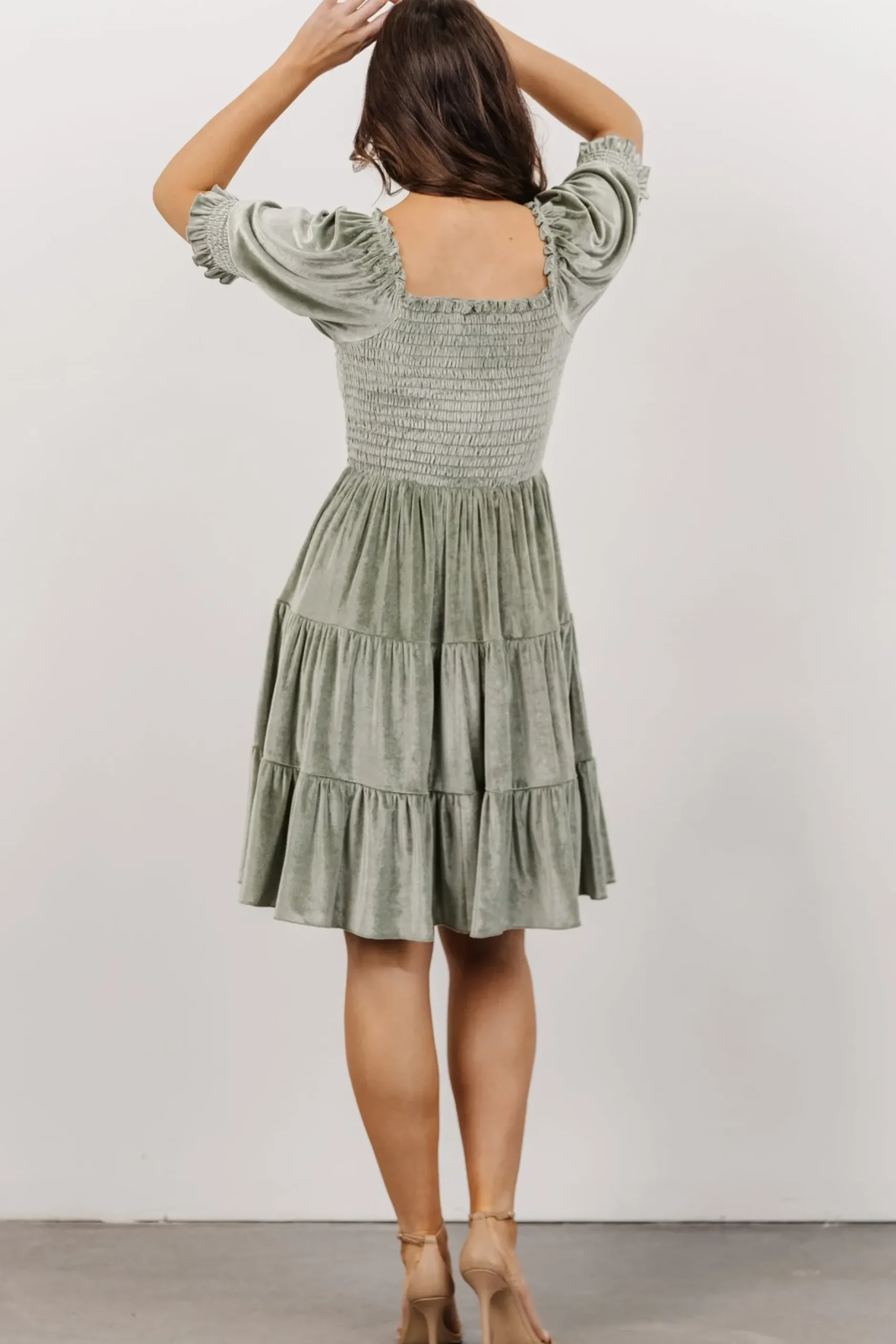 Baltic Born bump friendly|Bliss Smocked Velvet Short Dress | Dusty Sage