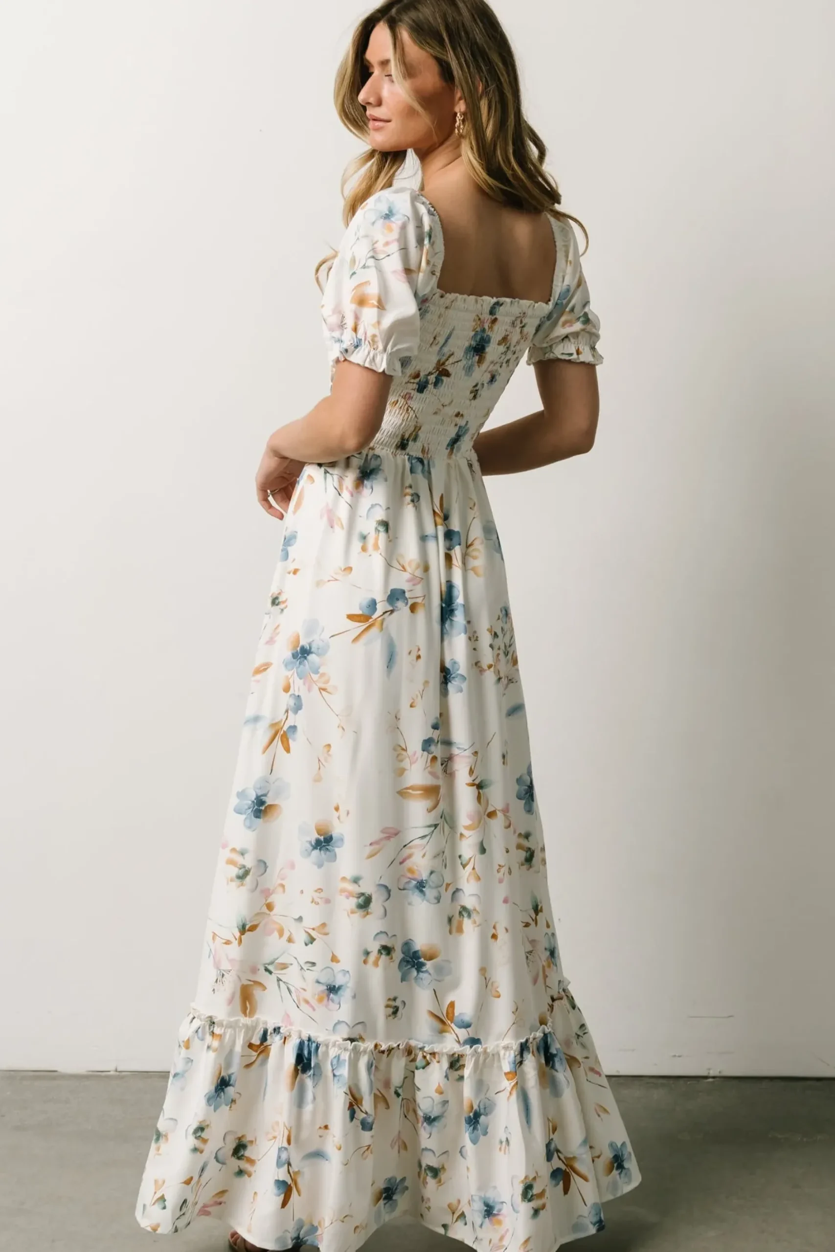 Baltic Born WINTER ESSENTIALS|Capri Smocked Maxi Dress | White Multi Print