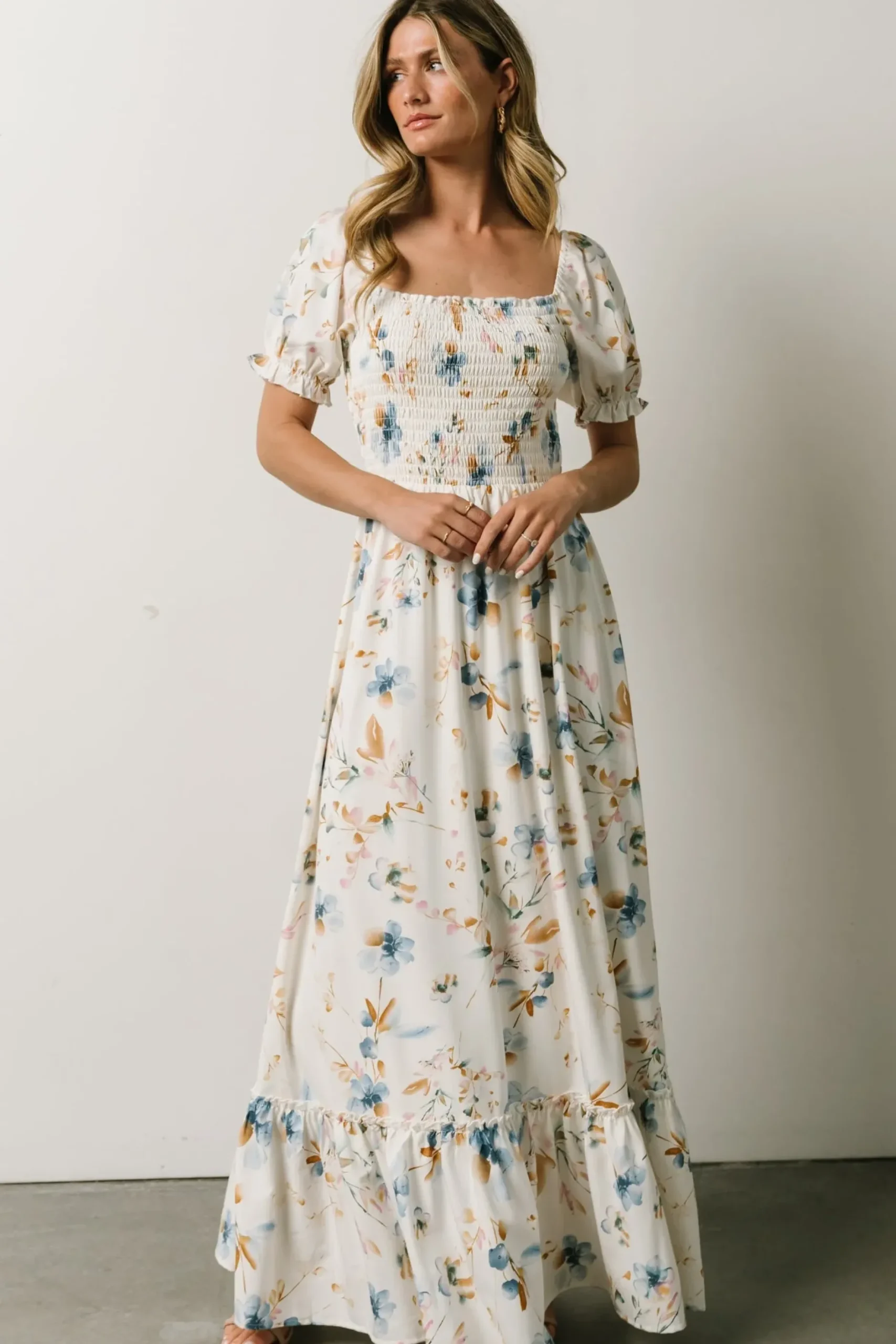 Baltic Born WINTER ESSENTIALS|Capri Smocked Maxi Dress | White Multi Print