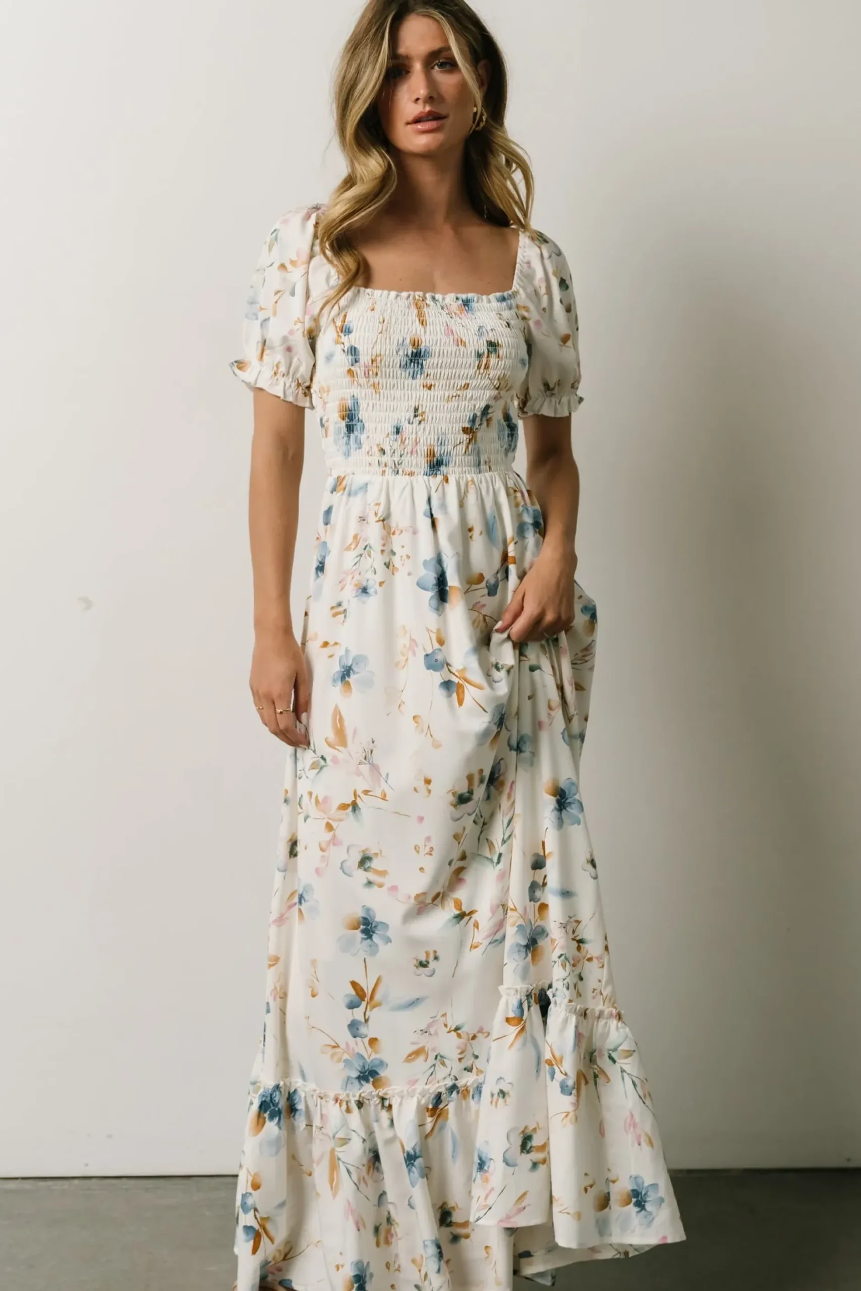 Baltic Born WINTER ESSENTIALS|Capri Smocked Maxi Dress | White Multi Print