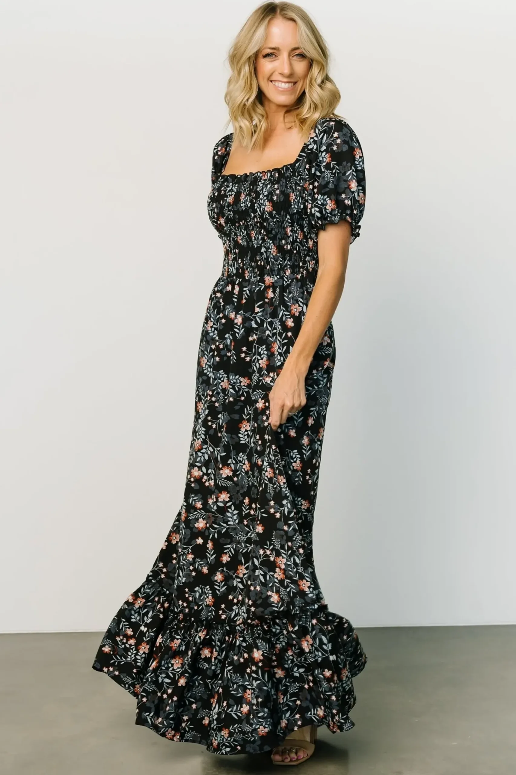 Baltic Born WINTER ESSENTIALS|Capri Smocked Maxi Dress | Midnight Floral