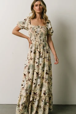 Baltic Born WINTER ESSENTIALS|Capri Smocked Maxi Dress | Cream Palm Print