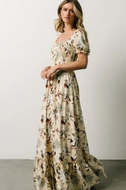 Baltic Born WINTER ESSENTIALS|Capri Smocked Maxi Dress | Cream Palm Print