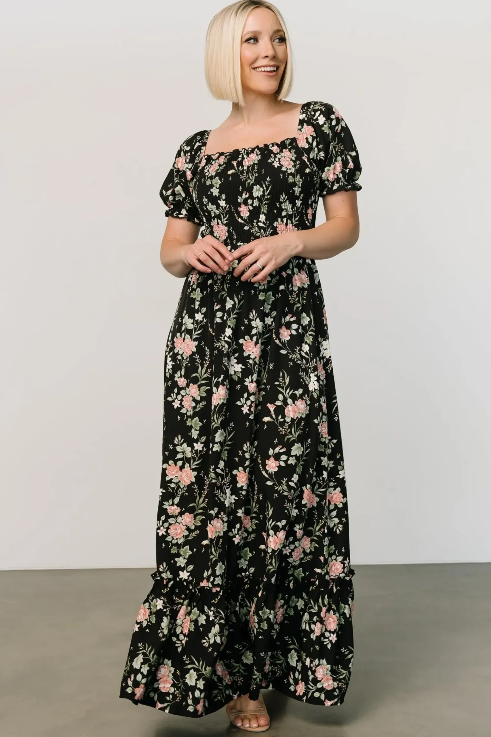 Baltic Born WINTER ESSENTIALS|Capri Smocked Maxi Dress | Black Garden Floral