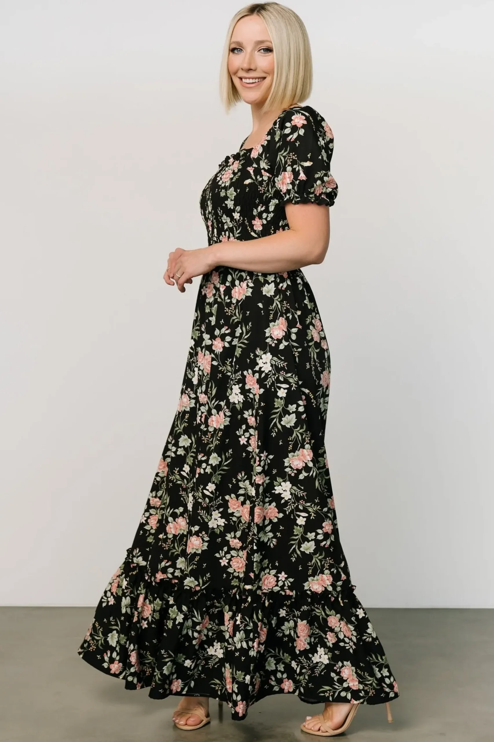 Baltic Born WINTER ESSENTIALS|Capri Smocked Maxi Dress | Black Garden Floral