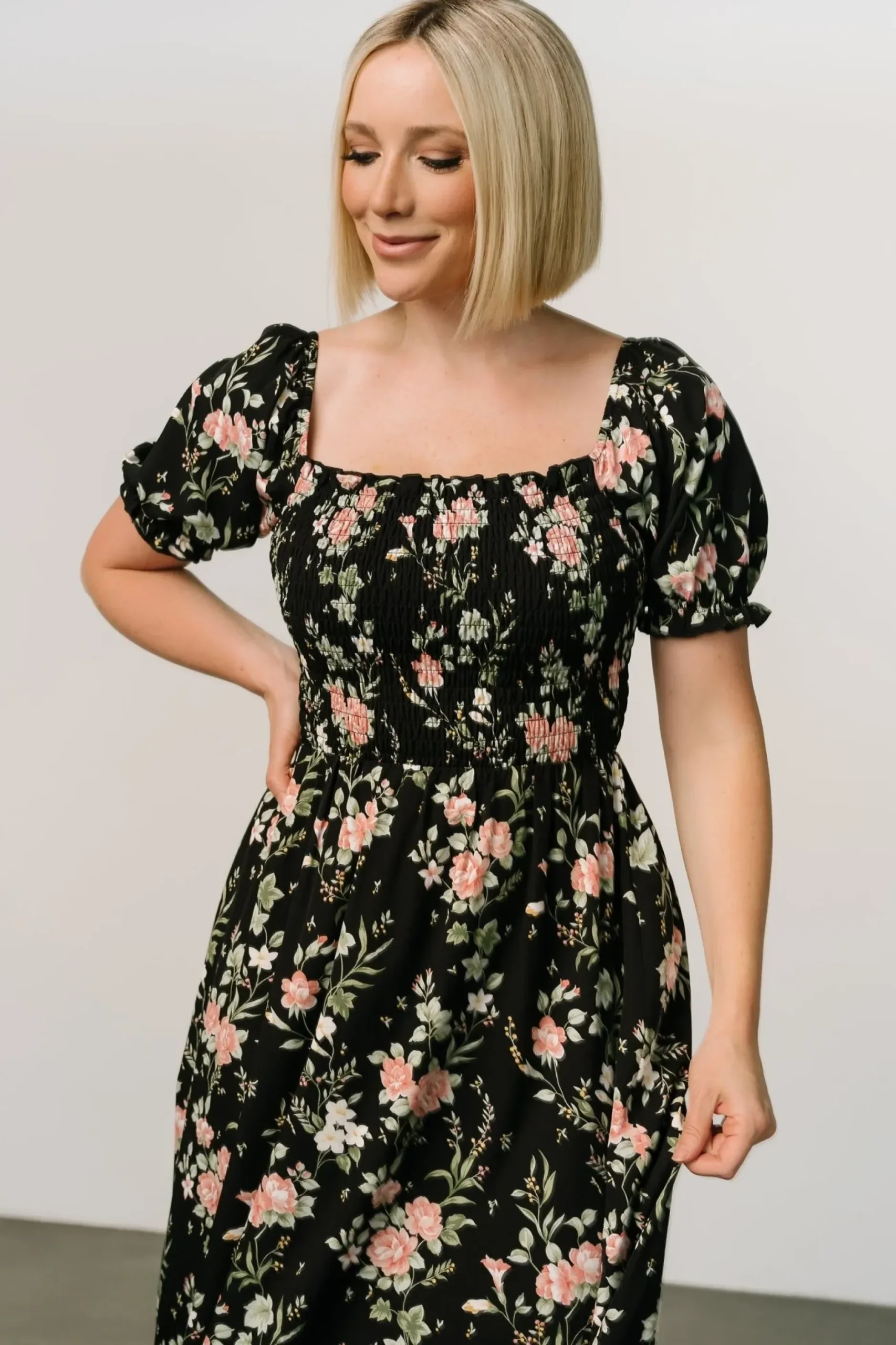 Baltic Born WINTER ESSENTIALS|Capri Smocked Maxi Dress | Black Garden Floral