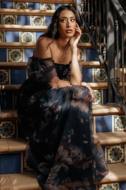 Baltic Born WEDDING SUITE|wedding guest|Cassandra Tulle Maxi Dress | Dark Blue Floral