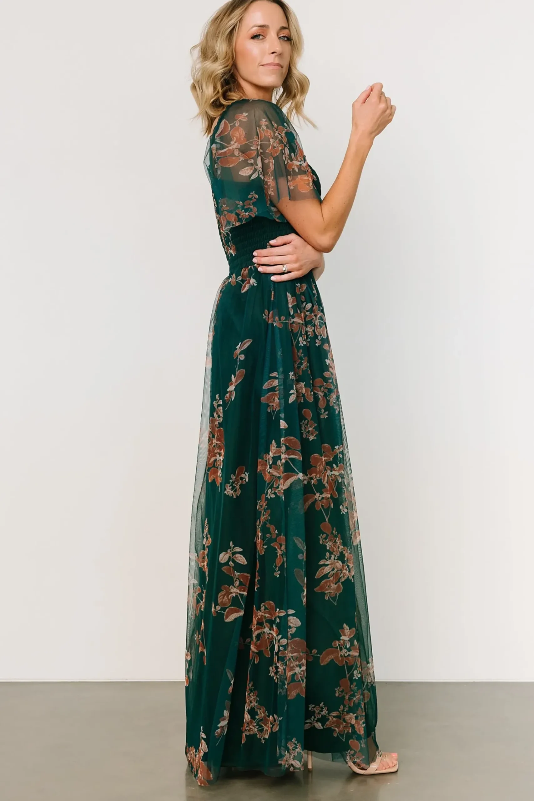 Baltic Born WEDDING SUITE|wedding guest|Cassandra Tulle Maxi Dress | Green + Bronze Floral