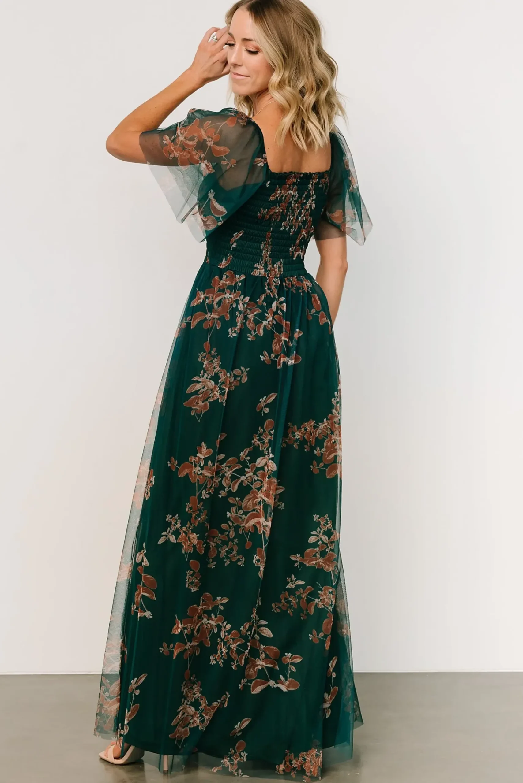 Baltic Born WEDDING SUITE|wedding guest|Cassandra Tulle Maxi Dress | Green + Bronze Floral