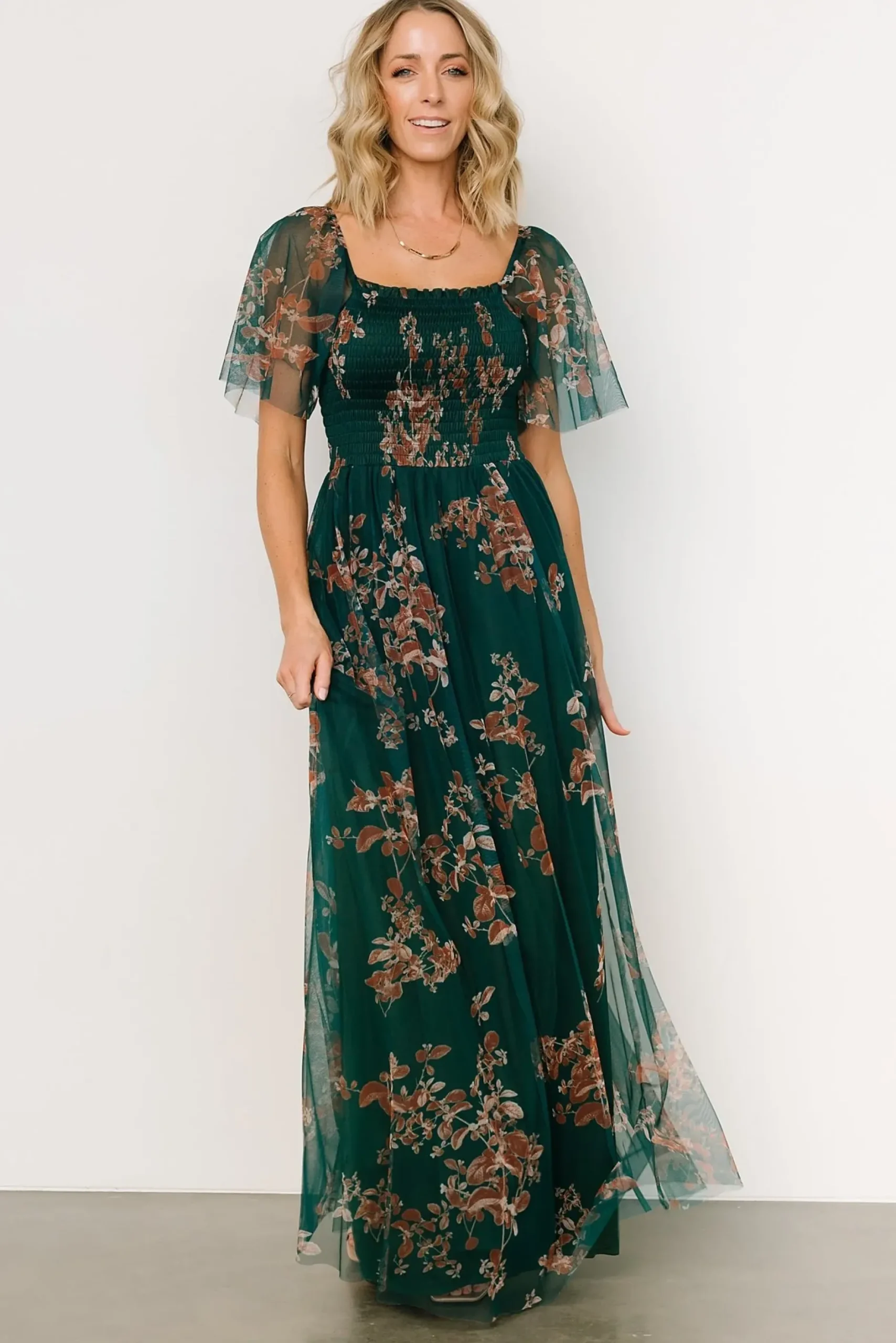 Baltic Born WEDDING SUITE|wedding guest|Cassandra Tulle Maxi Dress | Green + Bronze Floral
