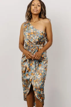 Baltic Born BEST SELLERS|Celia One Shoulder Midi Dress | Blue Floral