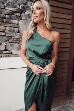 Baltic Born BEST SELLERS|Celia One Shoulder Midi Dress | Dark Green